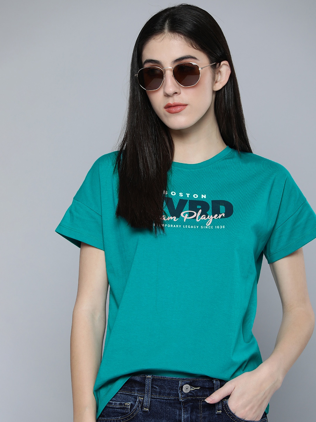 

Harvard Women Teal Blue Brand Logo Printed Pure Cotton T-shirt