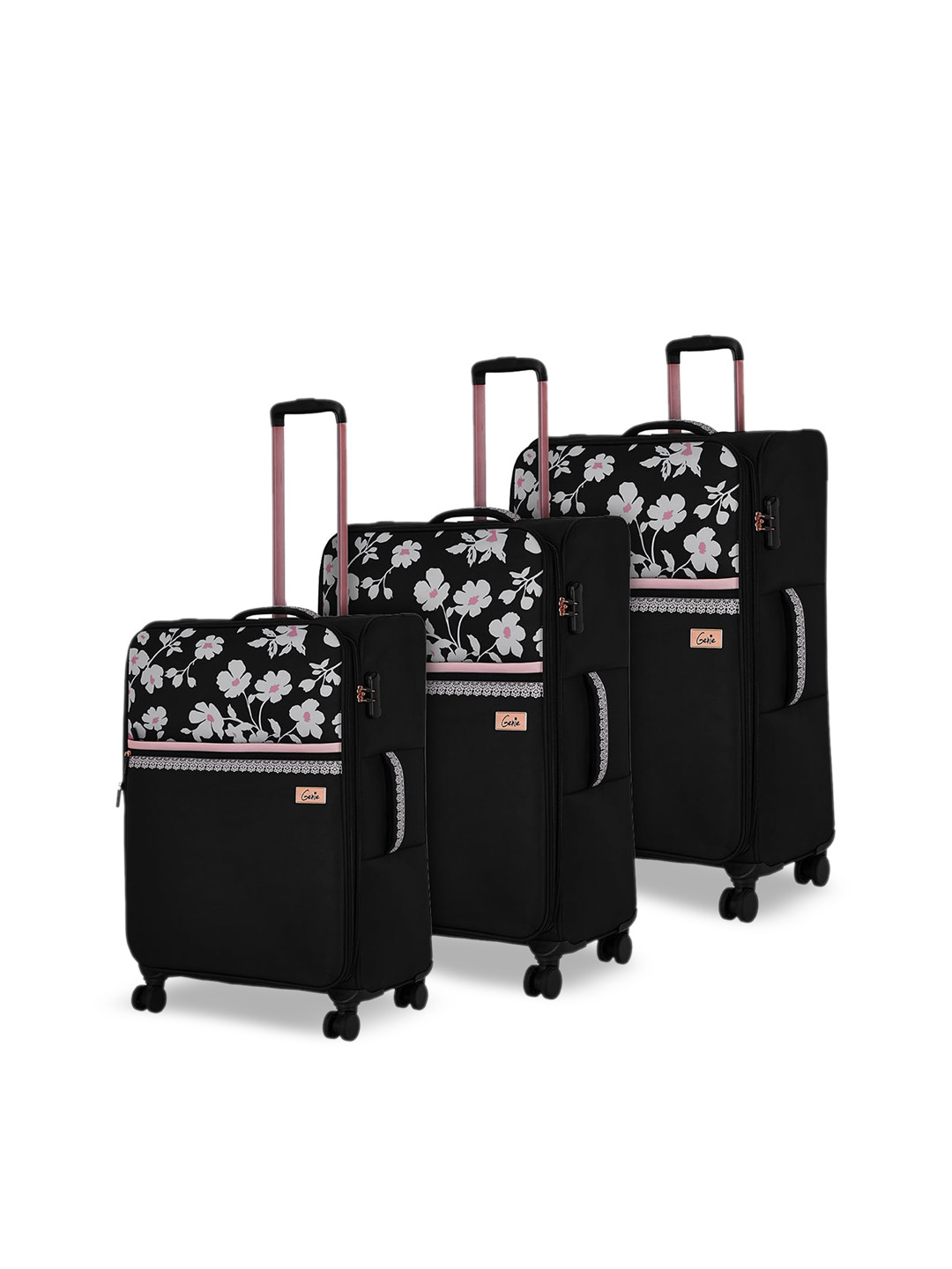 

Genie Unisex Set of 3 Floral Printed Soft-Sided Trolley Bags-129L, Black