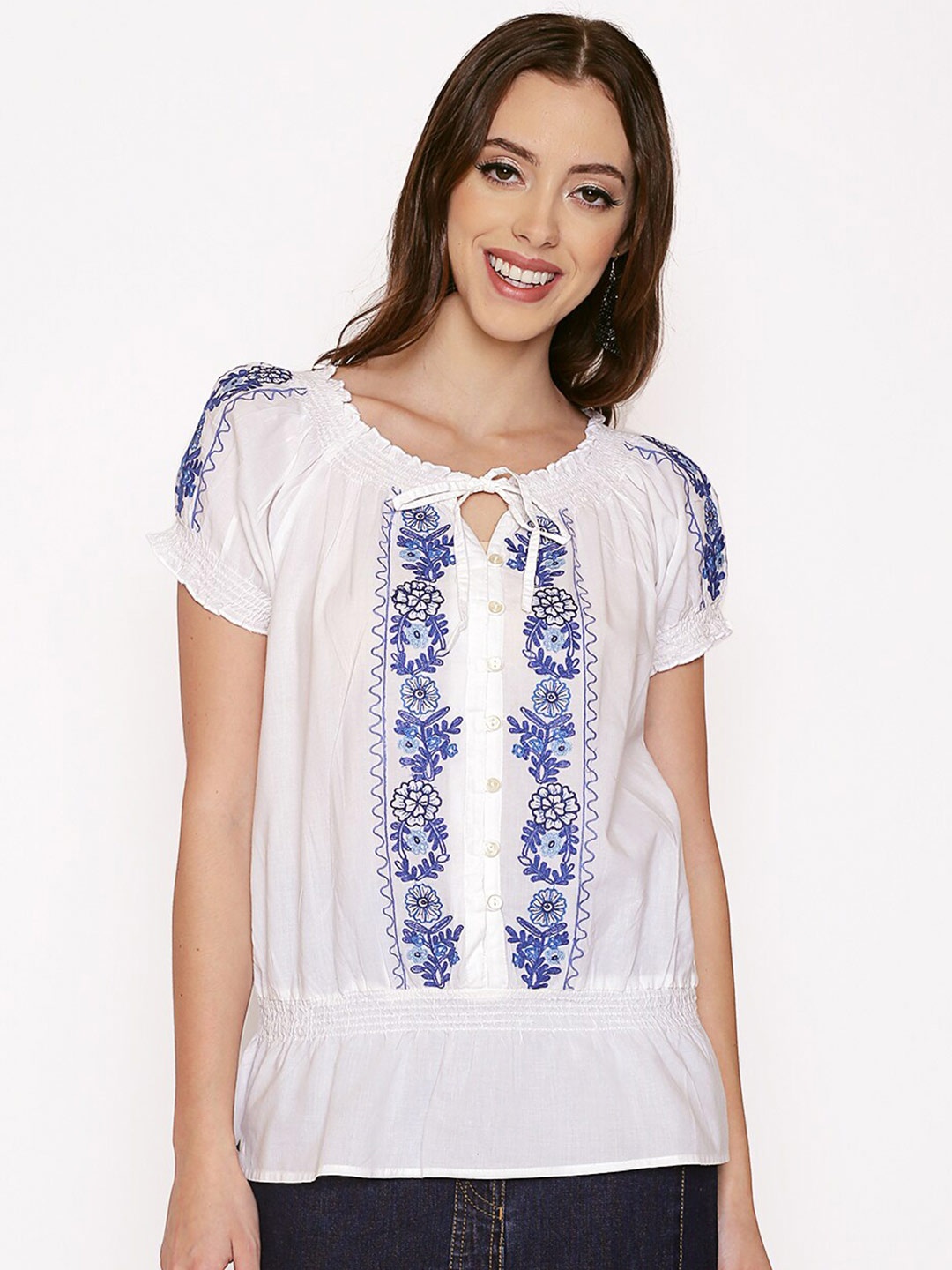 

250 DESIGNS White & Blue Embroidered Pure Cotton Blouson Top