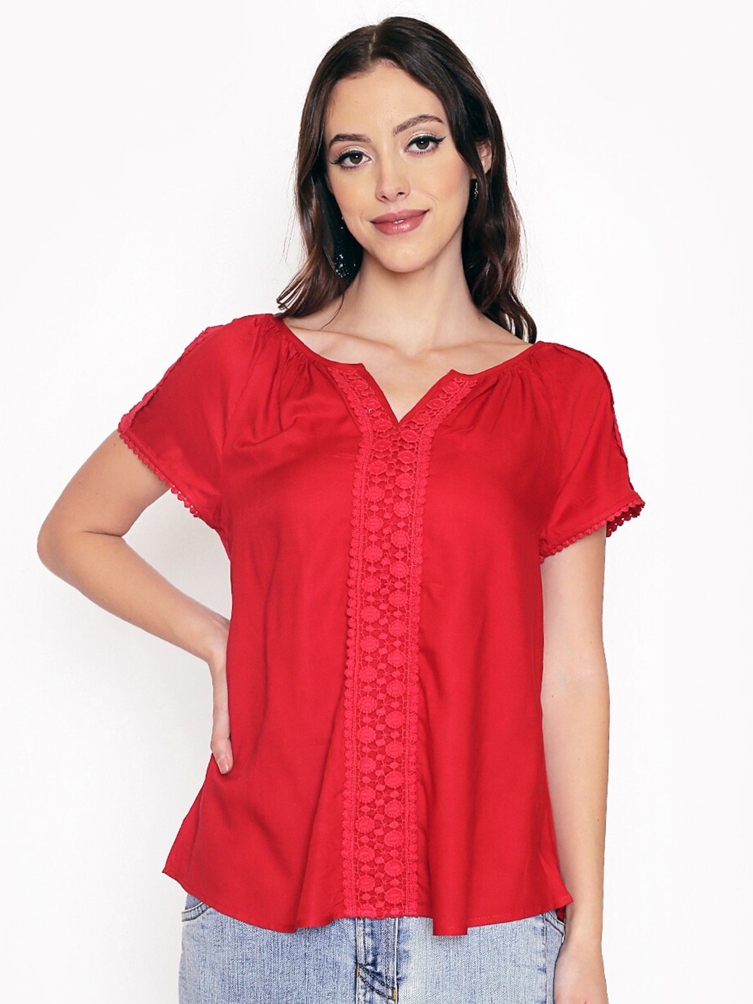 

250 DESIGNS Women Red Solid Lace Insert Top