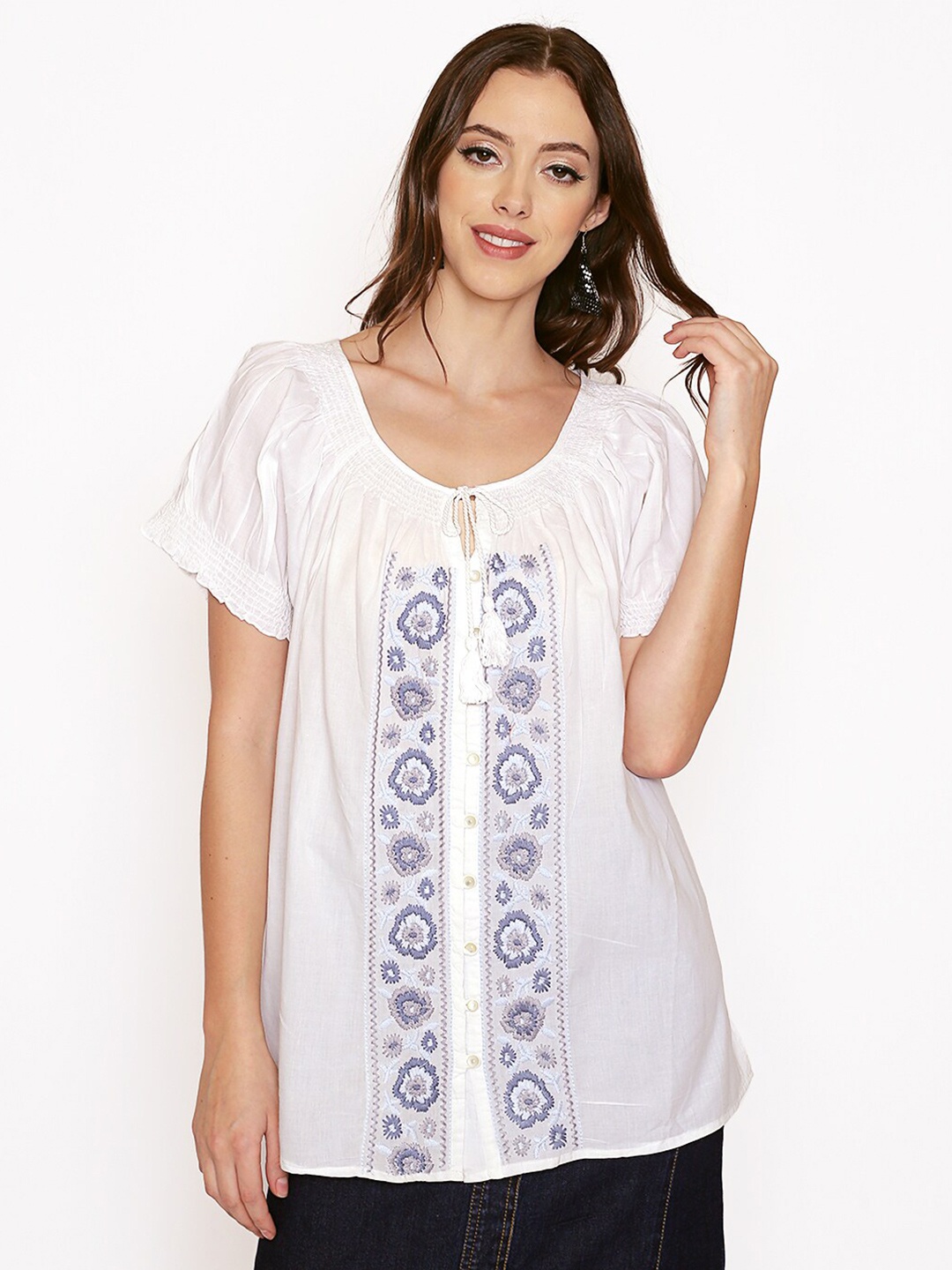 

250 DESIGNS Women White Floral Embellished Tie-Up Neck Cotton Top