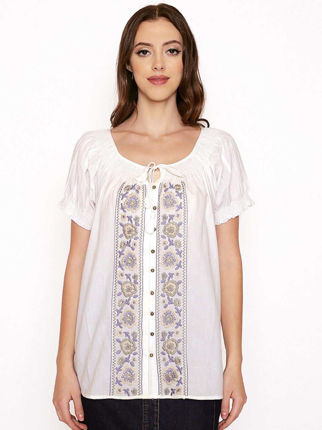 

250 DESIGNS White Floral Embroidered Tie-Up Neck Top