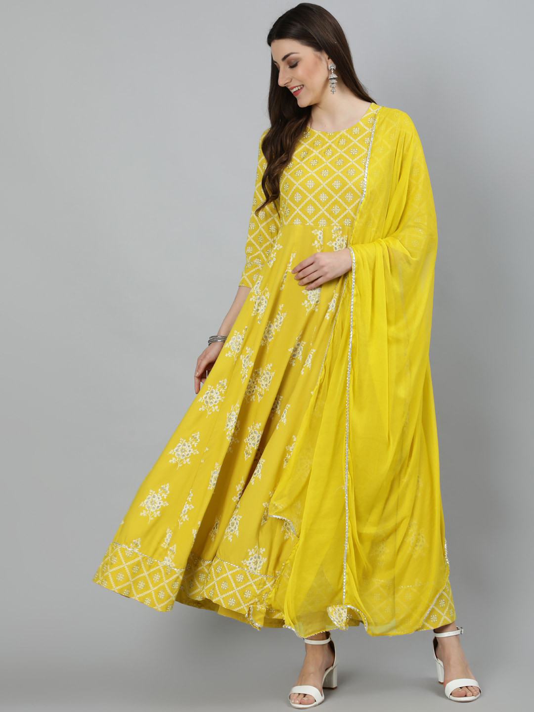 

GULMOHAR JAIPUR Women Mustard Yellow Printed Anarkali Kurta with Dupatta