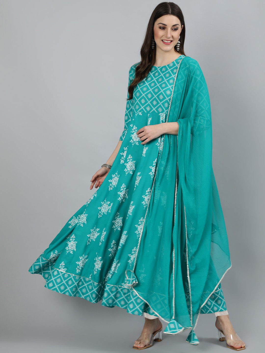 

GULMOHAR JAIPUR Women Sea Green Geometric Printed Anarkali Kurta with Dupatta