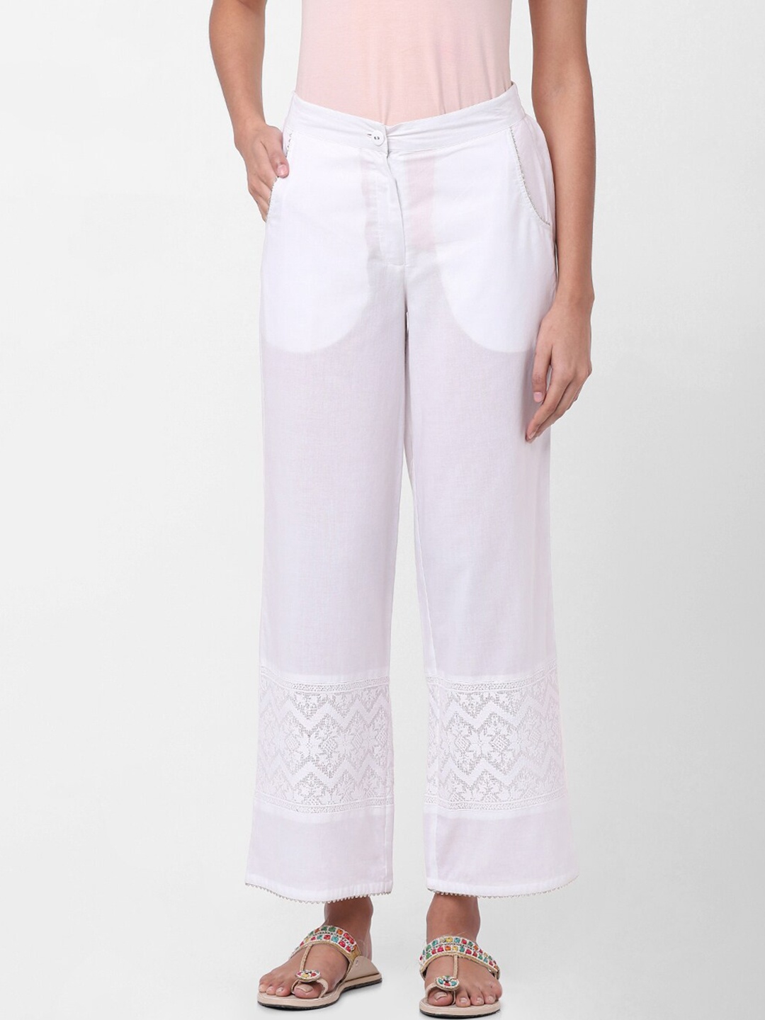 

Naari Women White Cotton Slim Fit Trousers