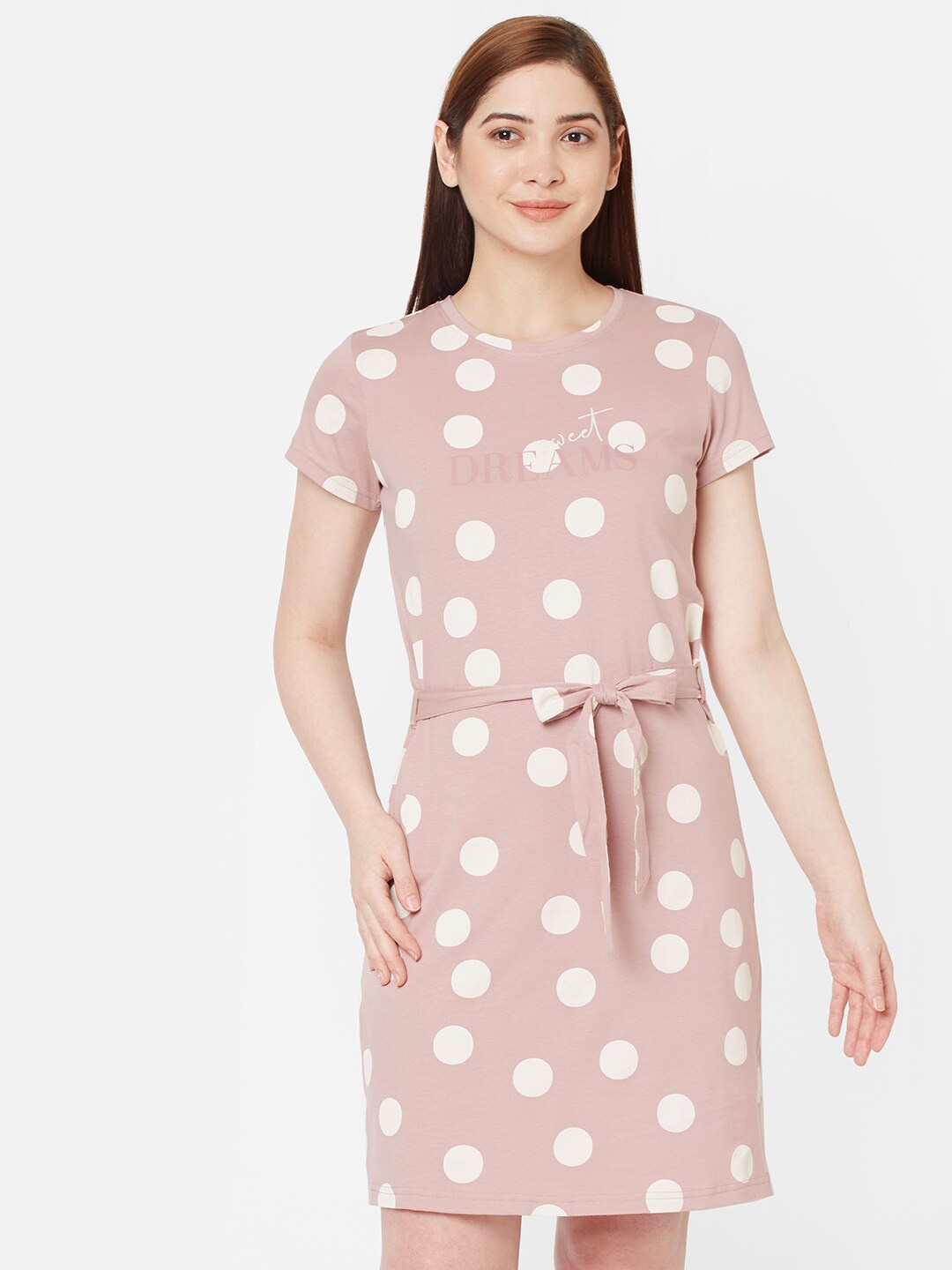 

Sweet Dreams Pink & White Polka Dots Printed Nightdress