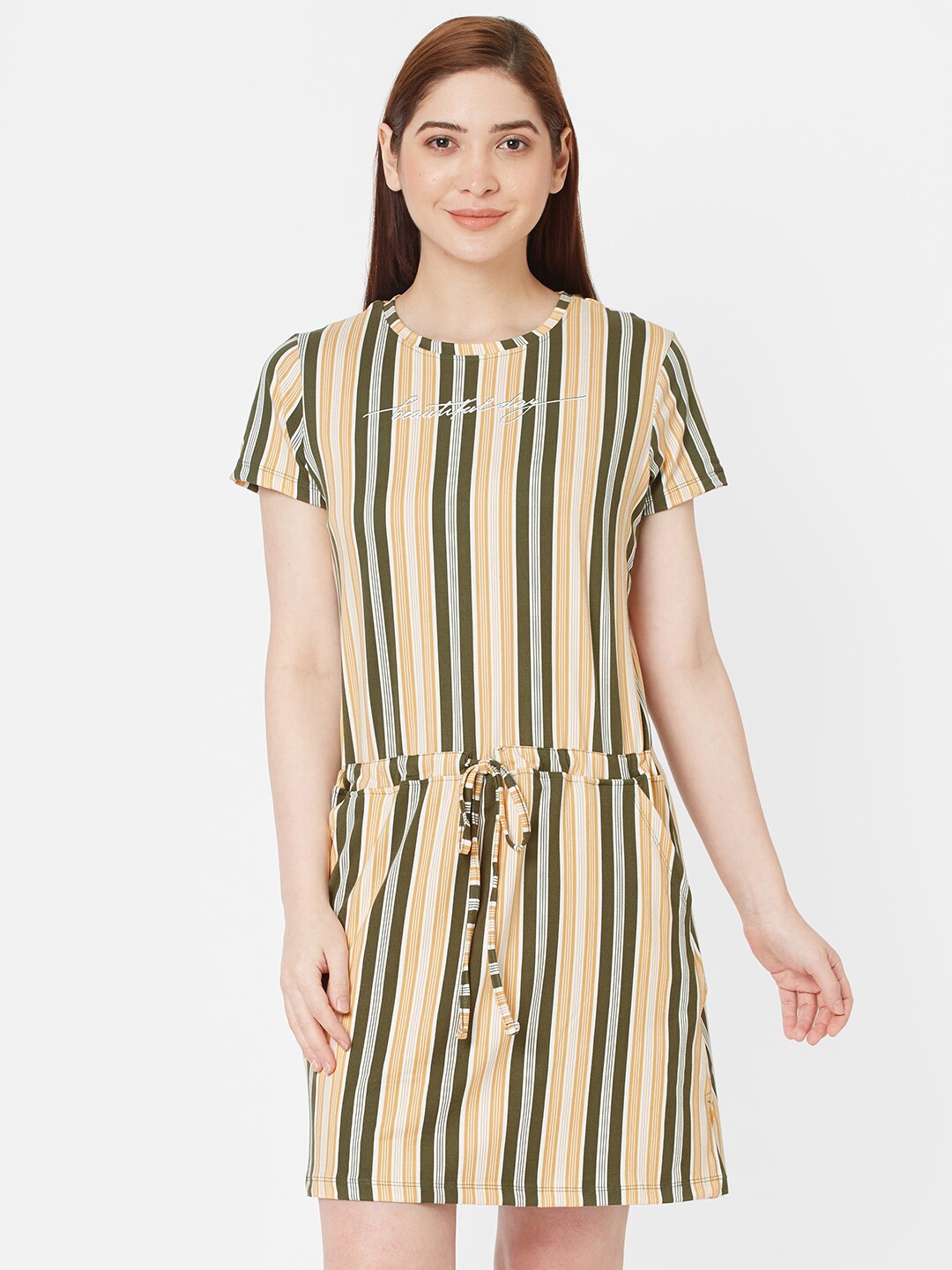 

Sweet Dreams Women Green & Mustard Striped Nightdress