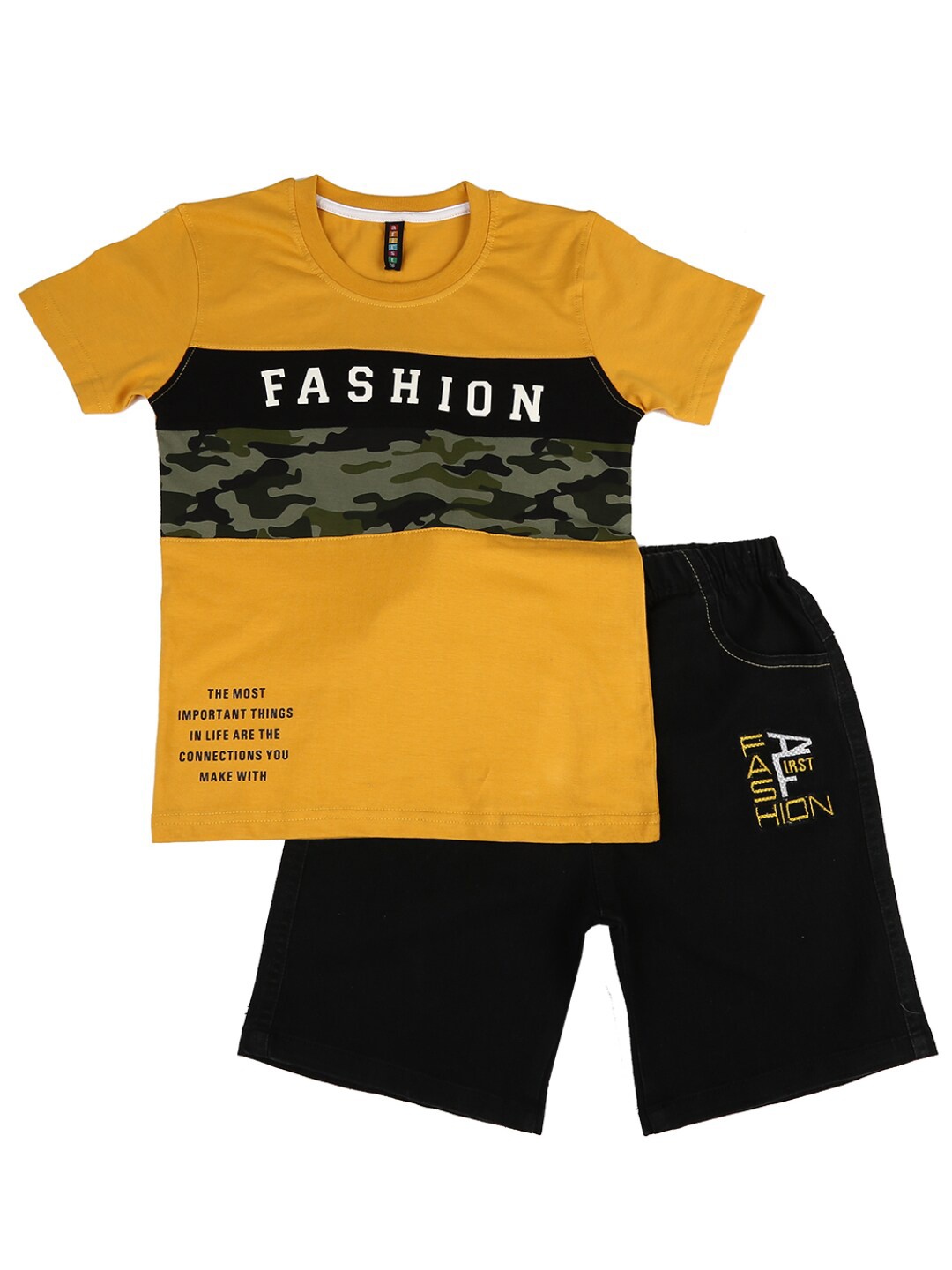 

V-Mart Unisex Kids Mustard & Black Printed Cotton T-shirt with Shorts