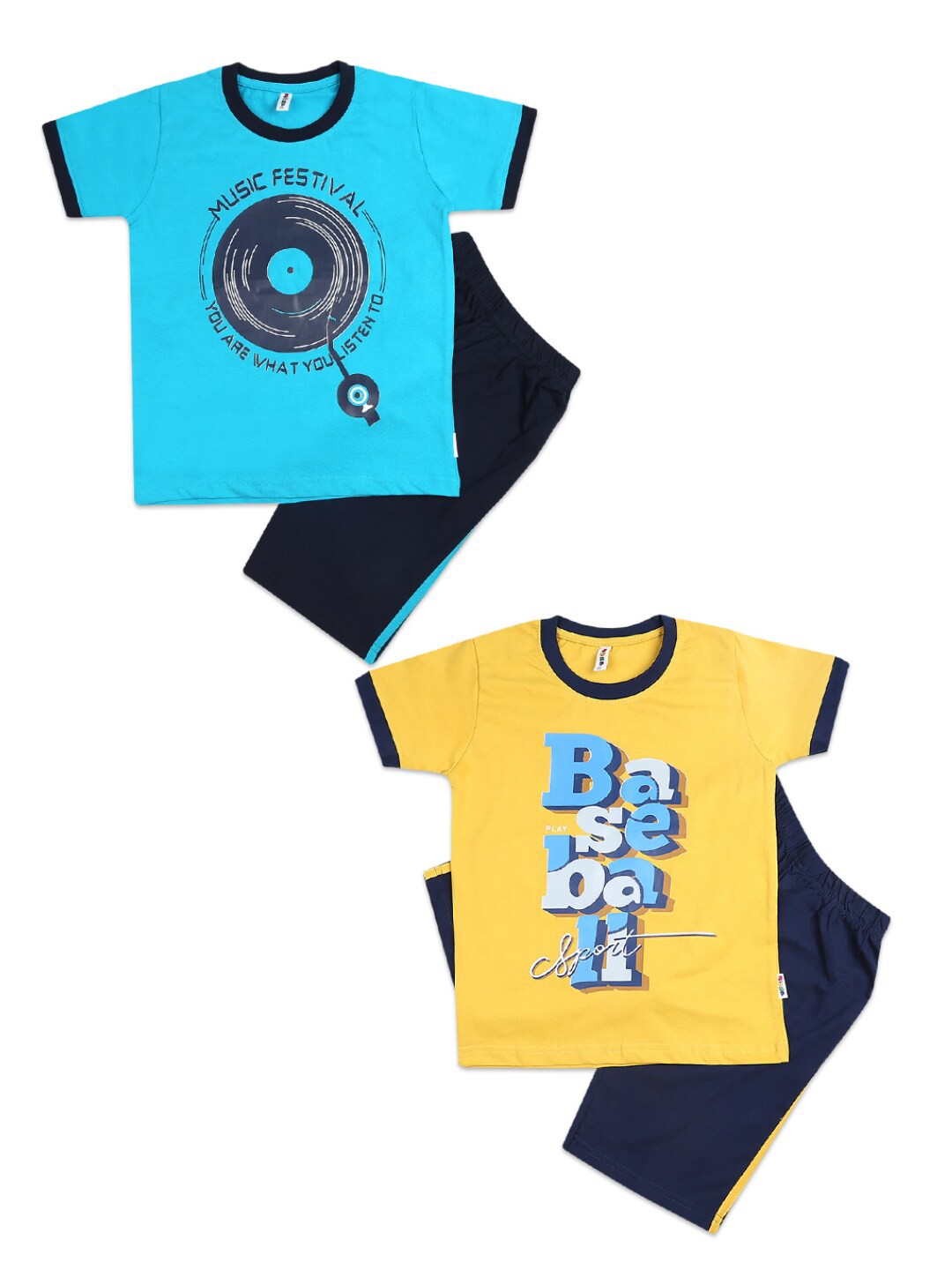 

V-Mart Boys Pack of 2 Blue & Yellow Printed Pure Cotton T-shirt with Capris