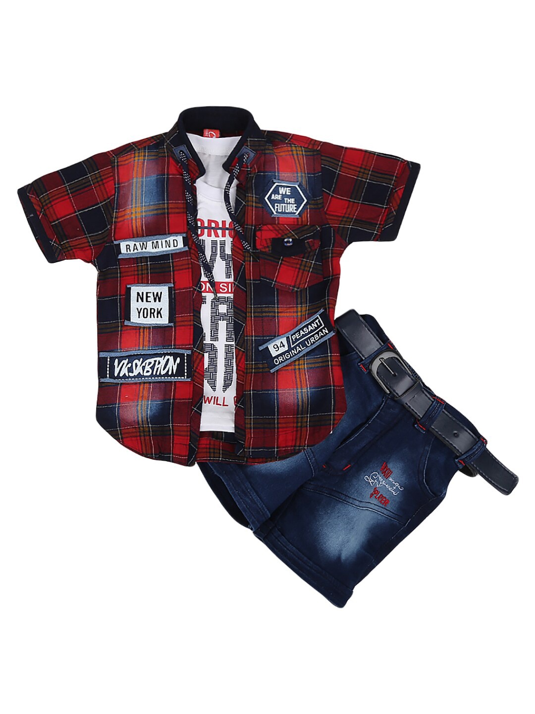 

V-Mart Unisex Kids Red & Blue Printed T-shirt and Shirt with Shorts