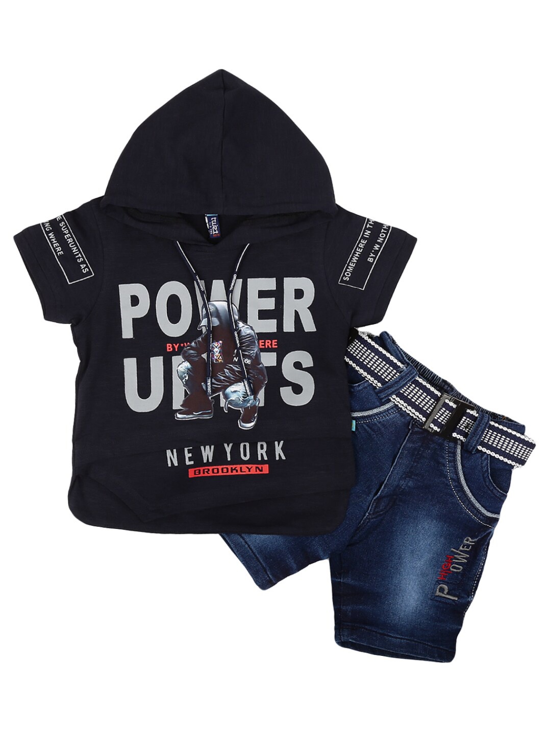 

V-Mart Kids Black & Navy Blue Printed Pure Cotton T-shirt with Shorts