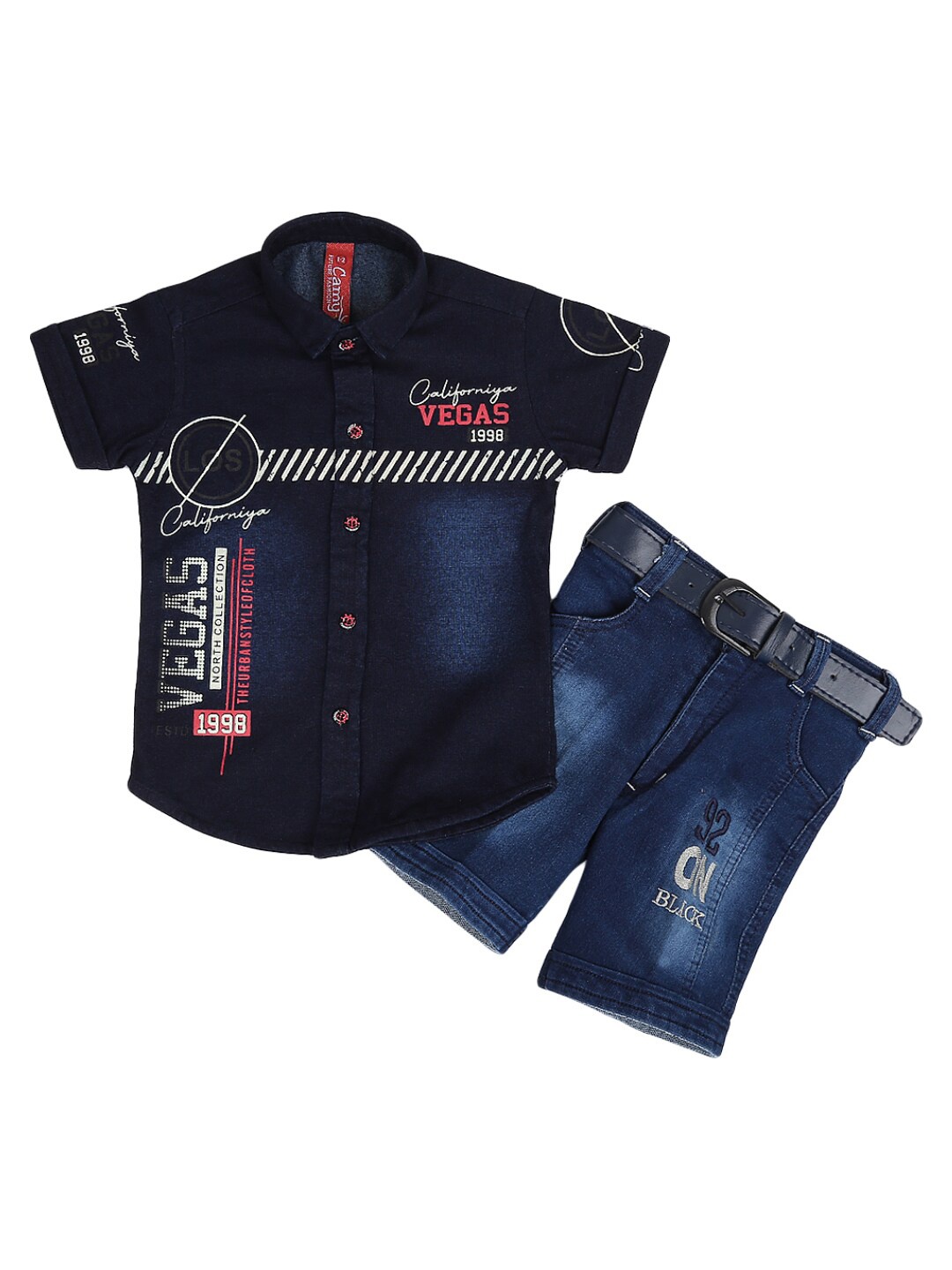

V-Mart Boys Navy Blue & Navy Blue Printed Cotton Shirt with Shorts
