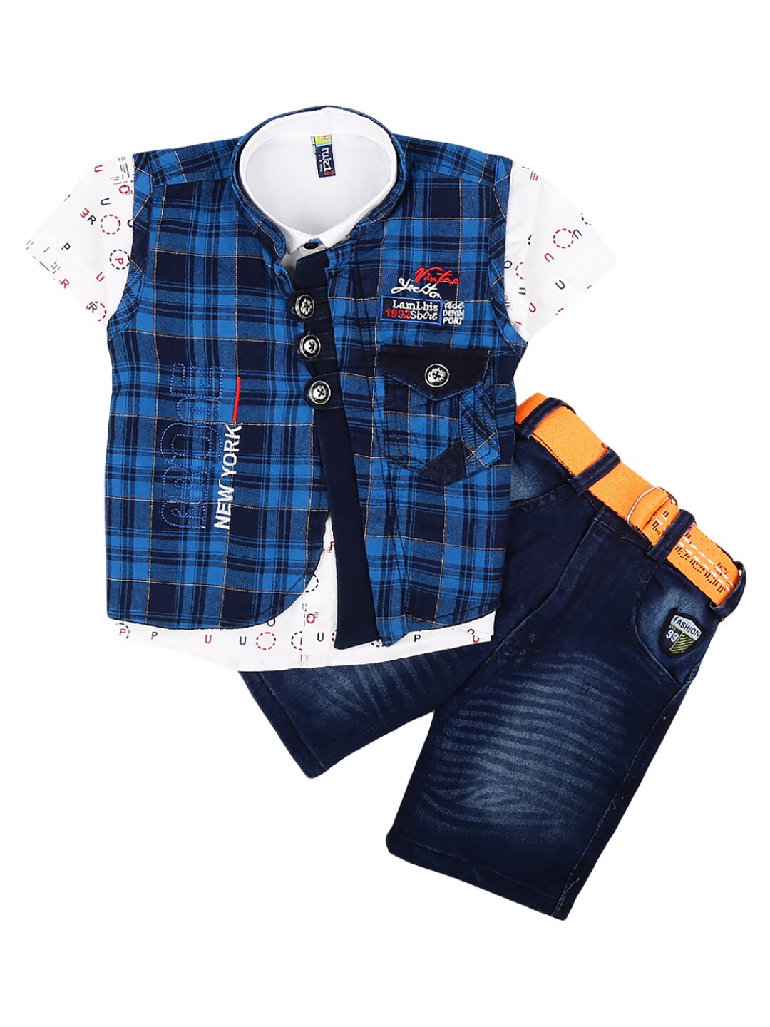 

V-Mart Unisex Kids White & Blue Printed Shirt with Shorts