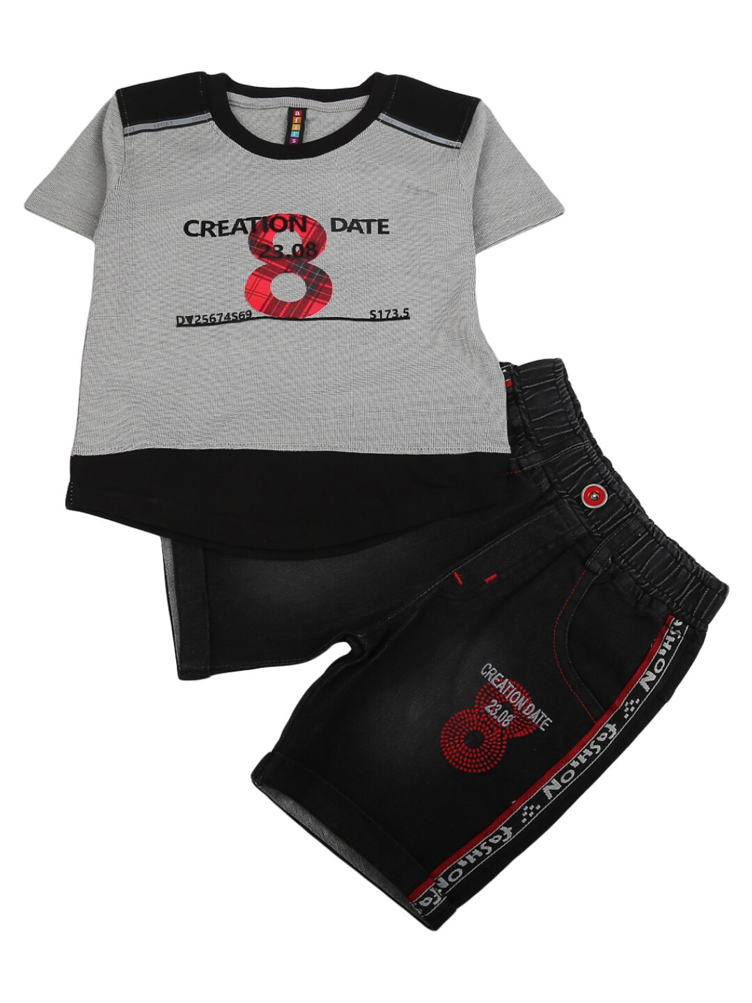 

V-Mart Unisex Kids Black & Grey Printed Pure Cotton T-shirt with Denim Shorts