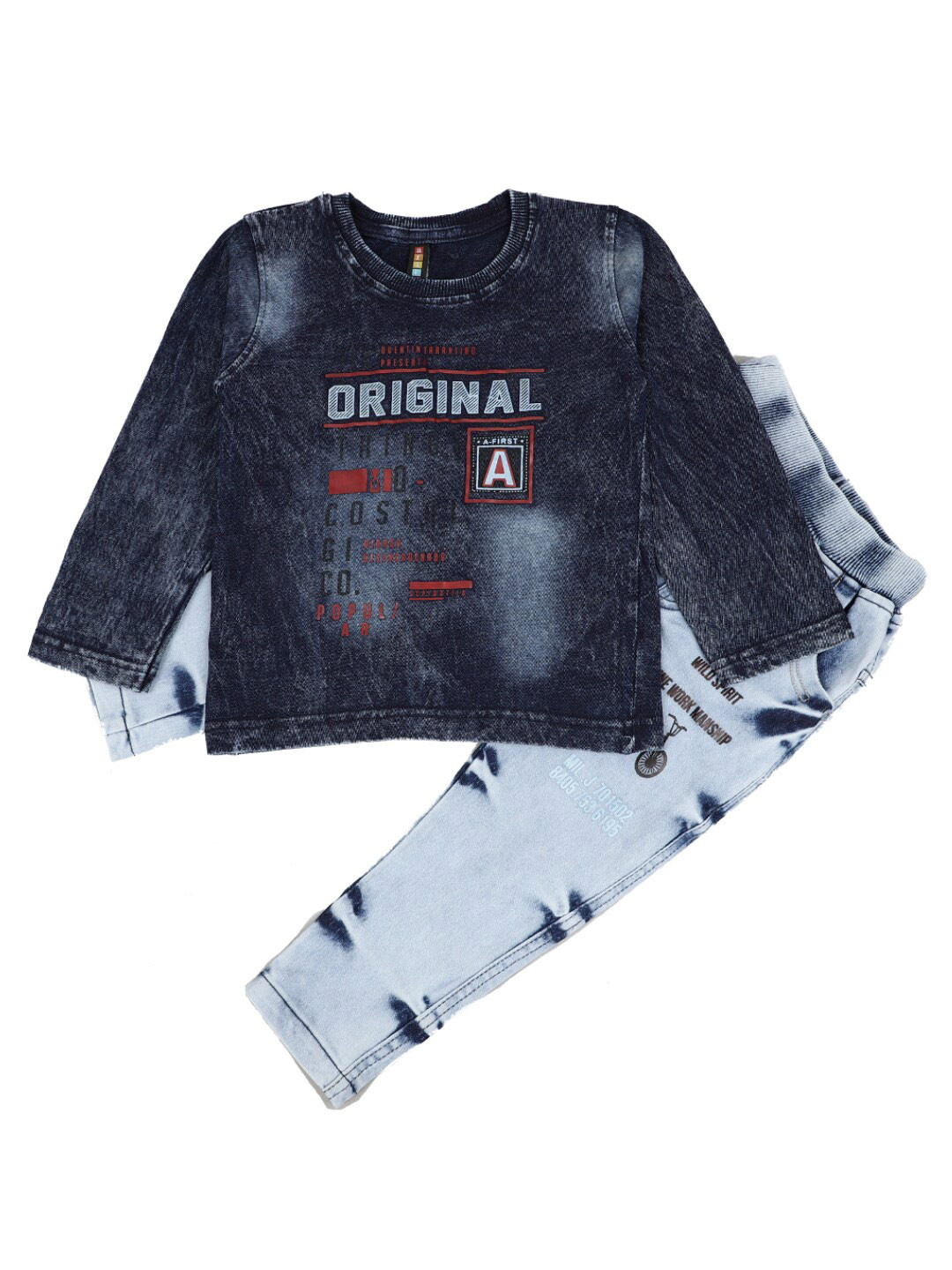 

V-Mart Unisex Kids Navy Blue Printed Pure Cotton Denim T-shirt with Trousers