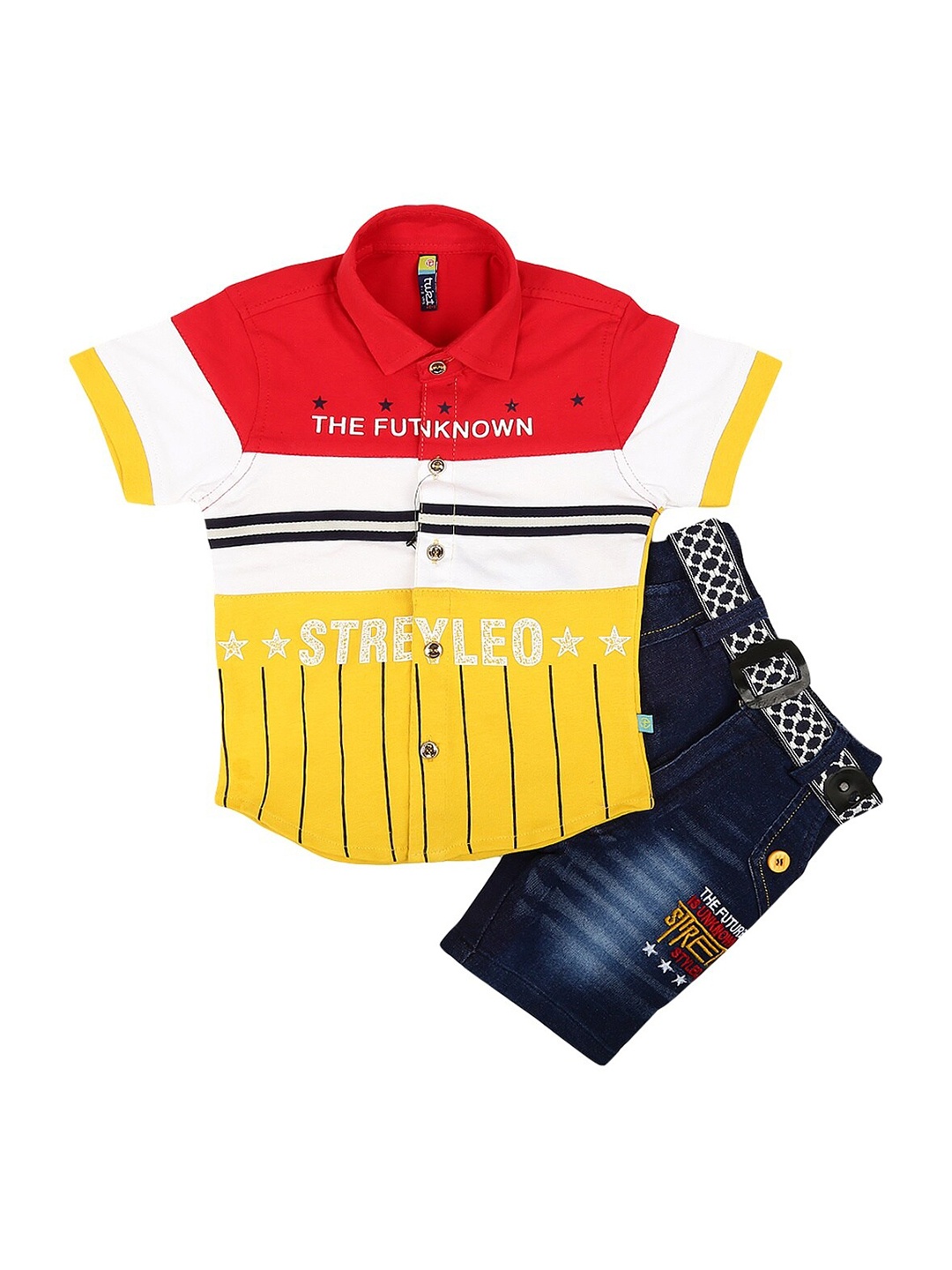 

V-Mart Kids Yellow & Blue Colourblocked Pure Cotton Shirt with Denim Shorts