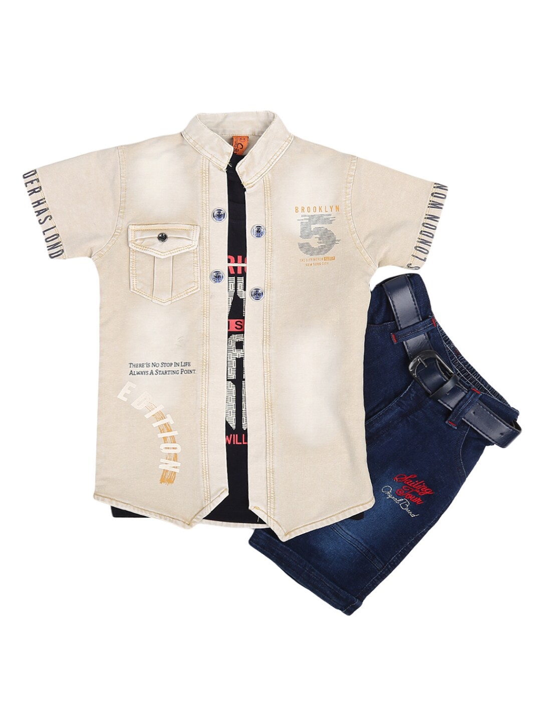 

V-Mart Unisex Kids Beige & Blue Printed T-shirt and Shirt with Shorts