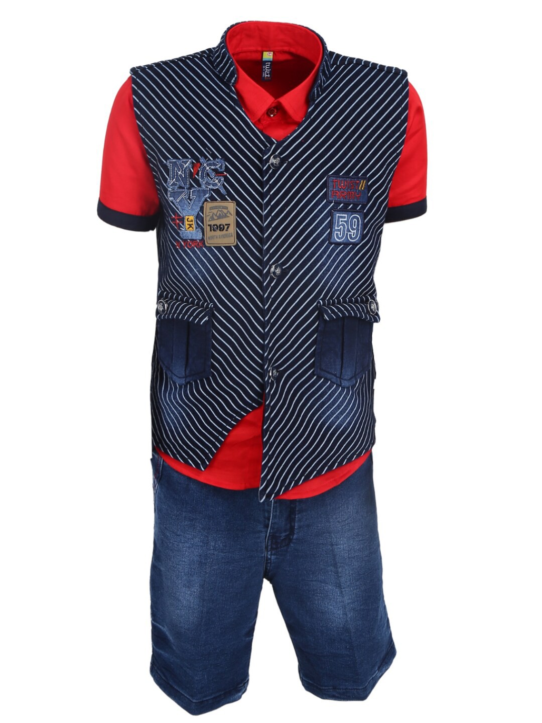 

V-Mart Unisex Kids Red & Blue Printed Pure Cotton Shirt with Shorts