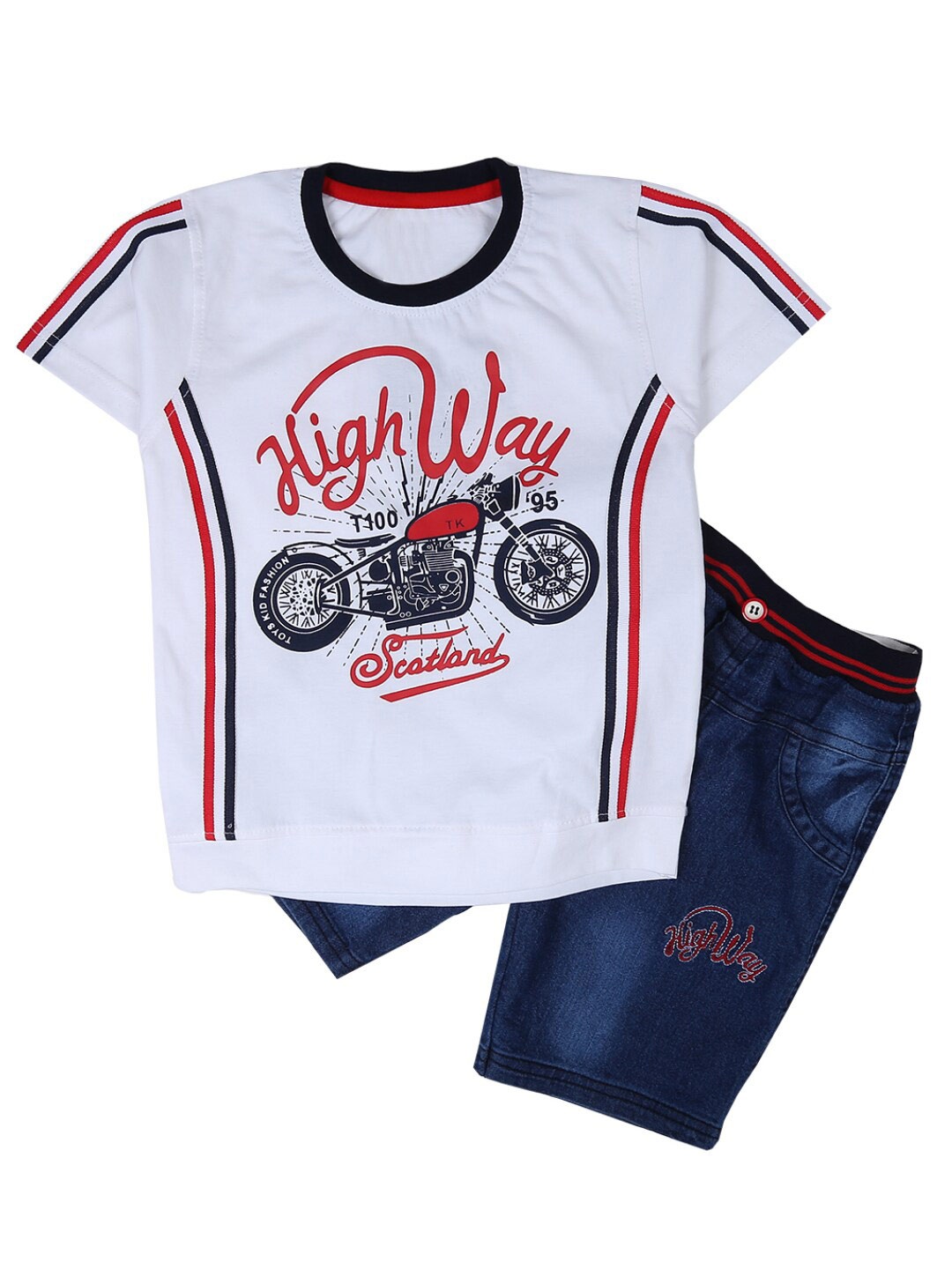 

V-Mart Kids White & Blue Printed Pure Cotton T-shirt & Capris