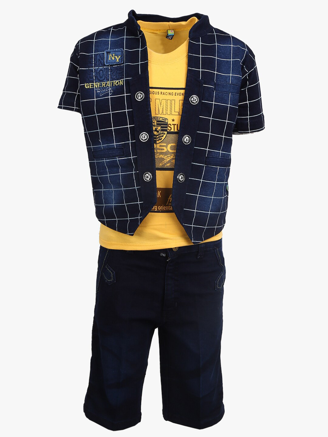

V-Mart Boys Navy Blue & Yellow Checked Pure Cotton T-shirt and Shirt with Shorts