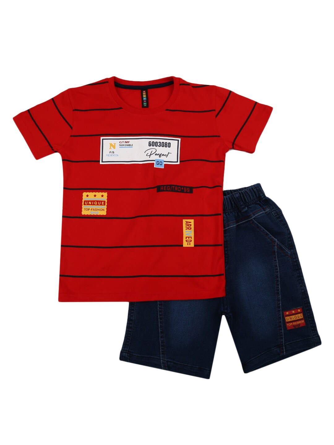 

V-Mart Boys Red & Navy Blue Striped Pure Cotton T-shirt with Shorts