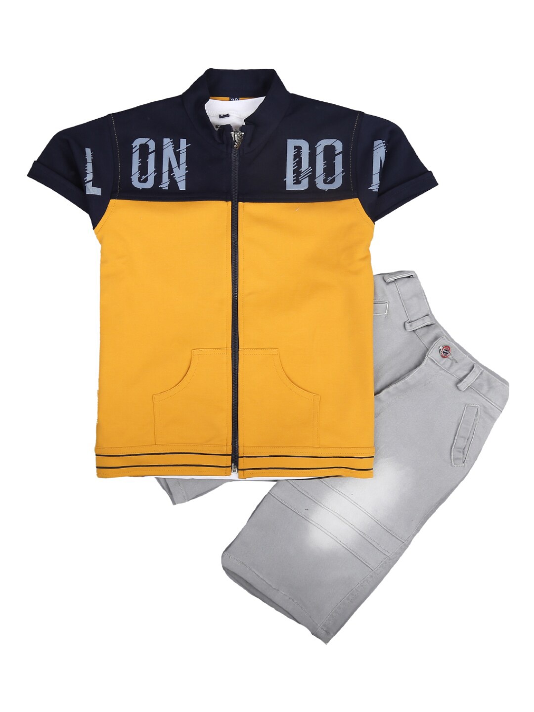 

V-Mart Unisex Kids Mustard Yellow & Grey Colourblocked Pure Cotton Shirt with Shorts