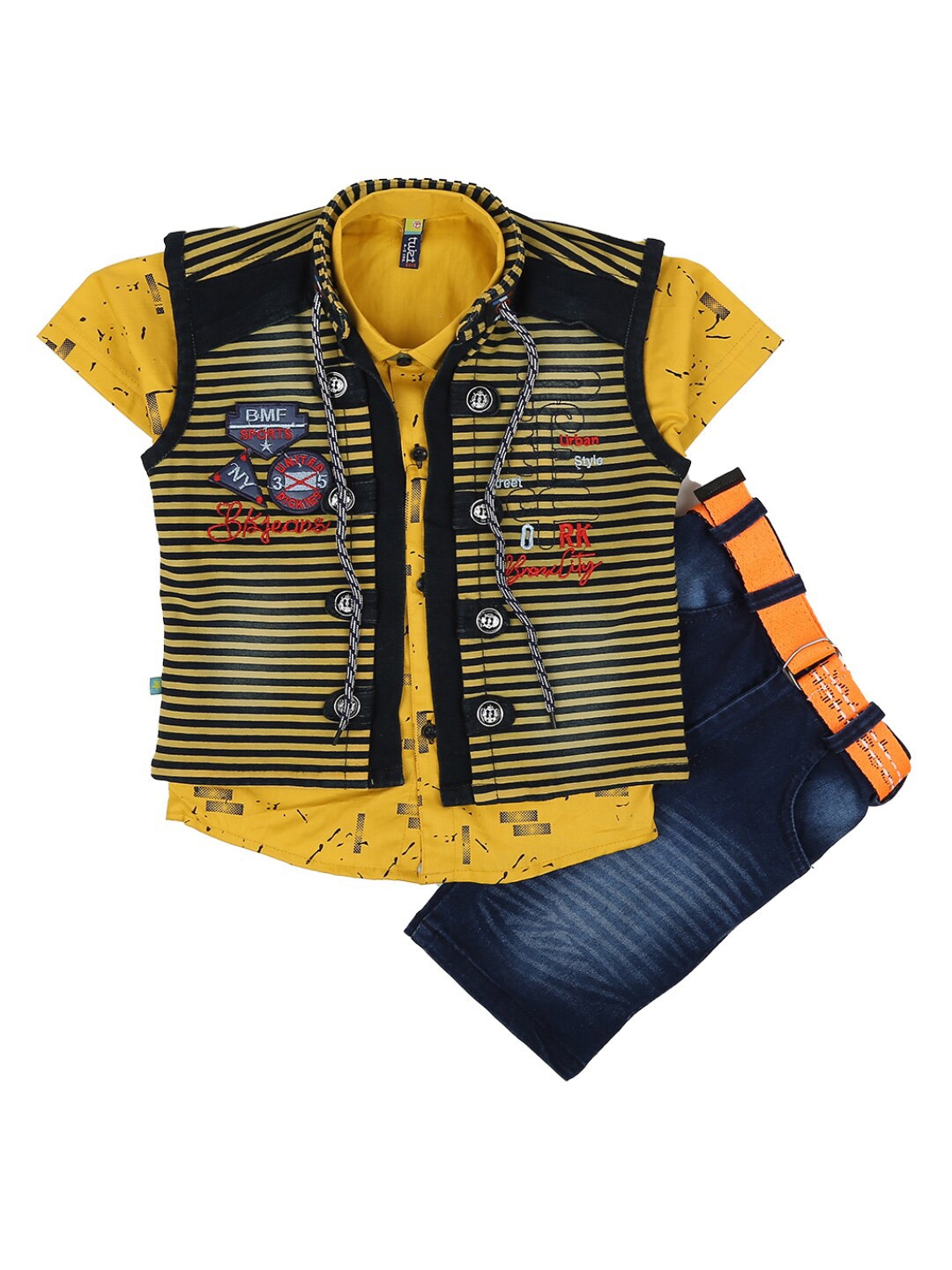 

V-Mart Unisex Kids Mustard & Blue Printed Shirt with Shorts