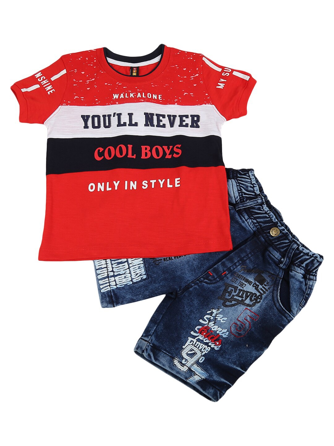 

V-Mart Kids Red & Navy Blue Printed Pure Cotton T-shirt with Capris