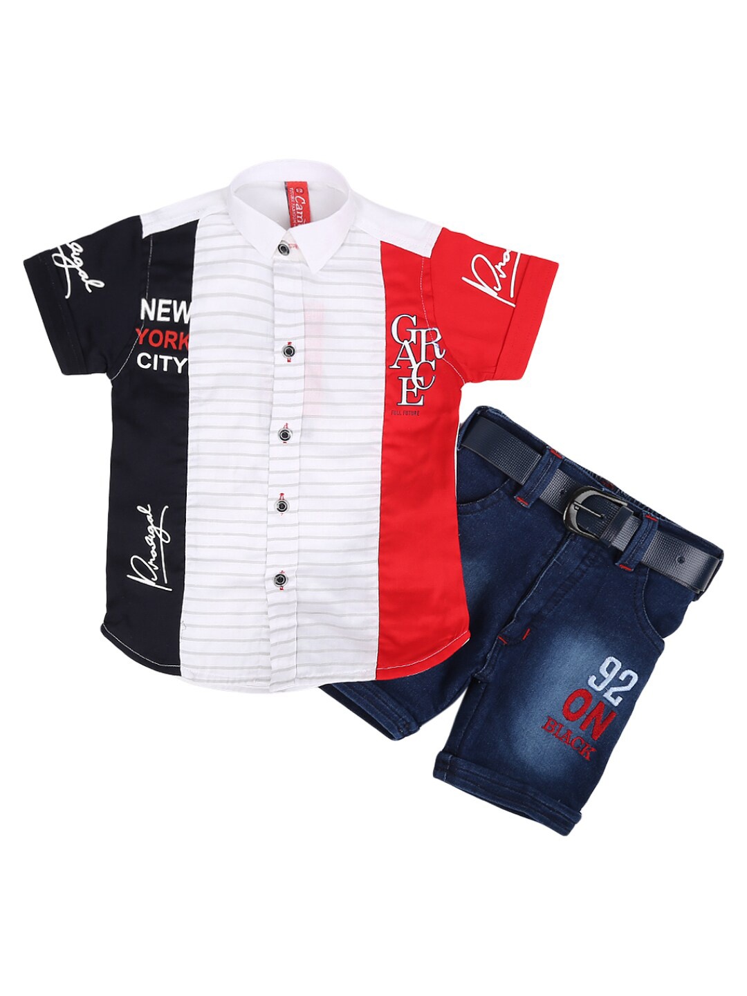 

V-Mart Boys White & Blue Colourblocked Shirt with Shorts