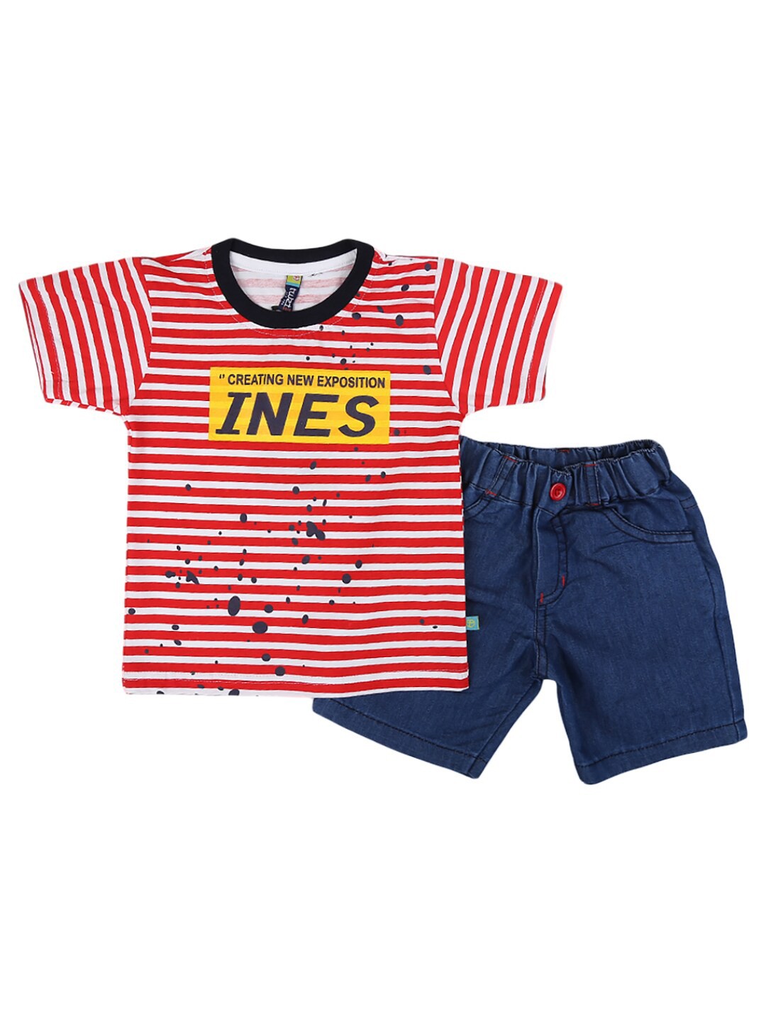 

V-Mart Boys Red & Blue Striped Pure Cotton T-shirt with Shorts