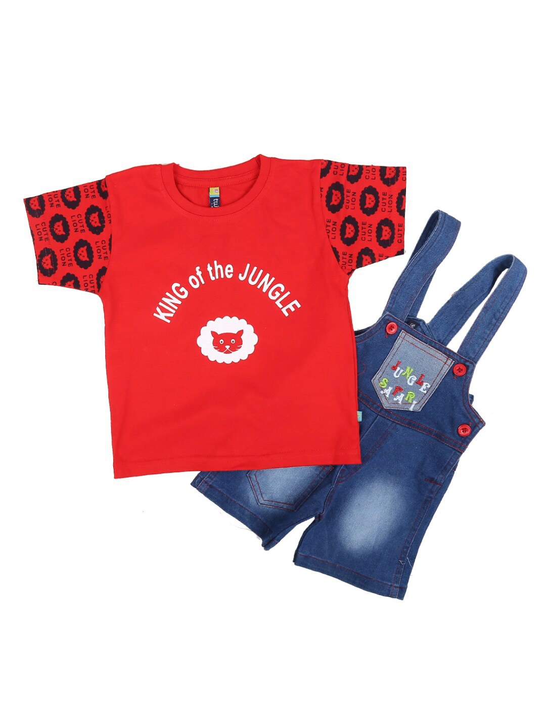 

V-Mart Kids Red & Blue Printed Pure Cotton T-shirt with Dungaree Shorts