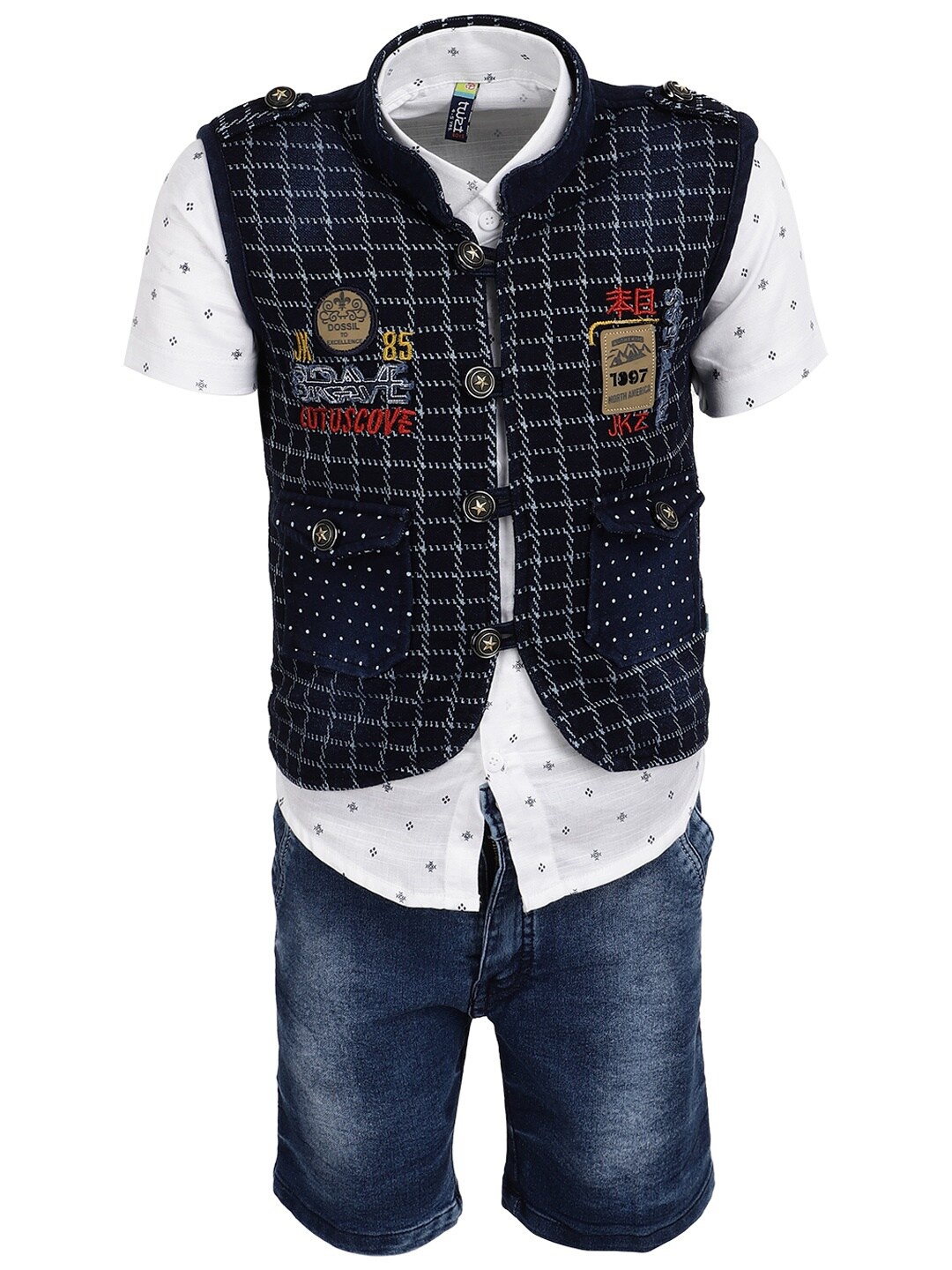 

V-Mart Unisex Kids White & Navy Blue Printed Shirt with Denim Shorts