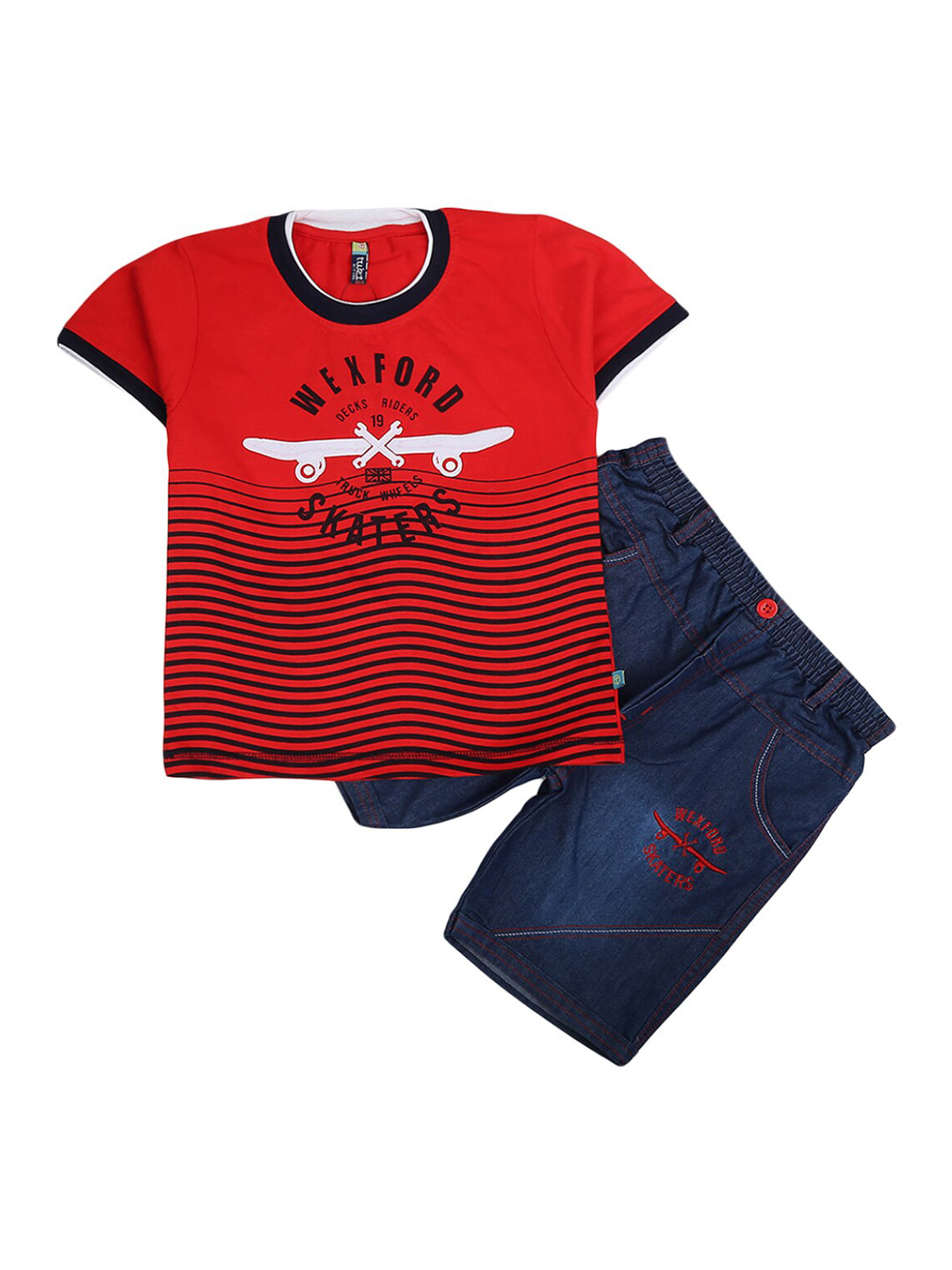 

V-Mart Unisex Kids Red & Blue Printed Pure Cotton T-shirt with Shorts