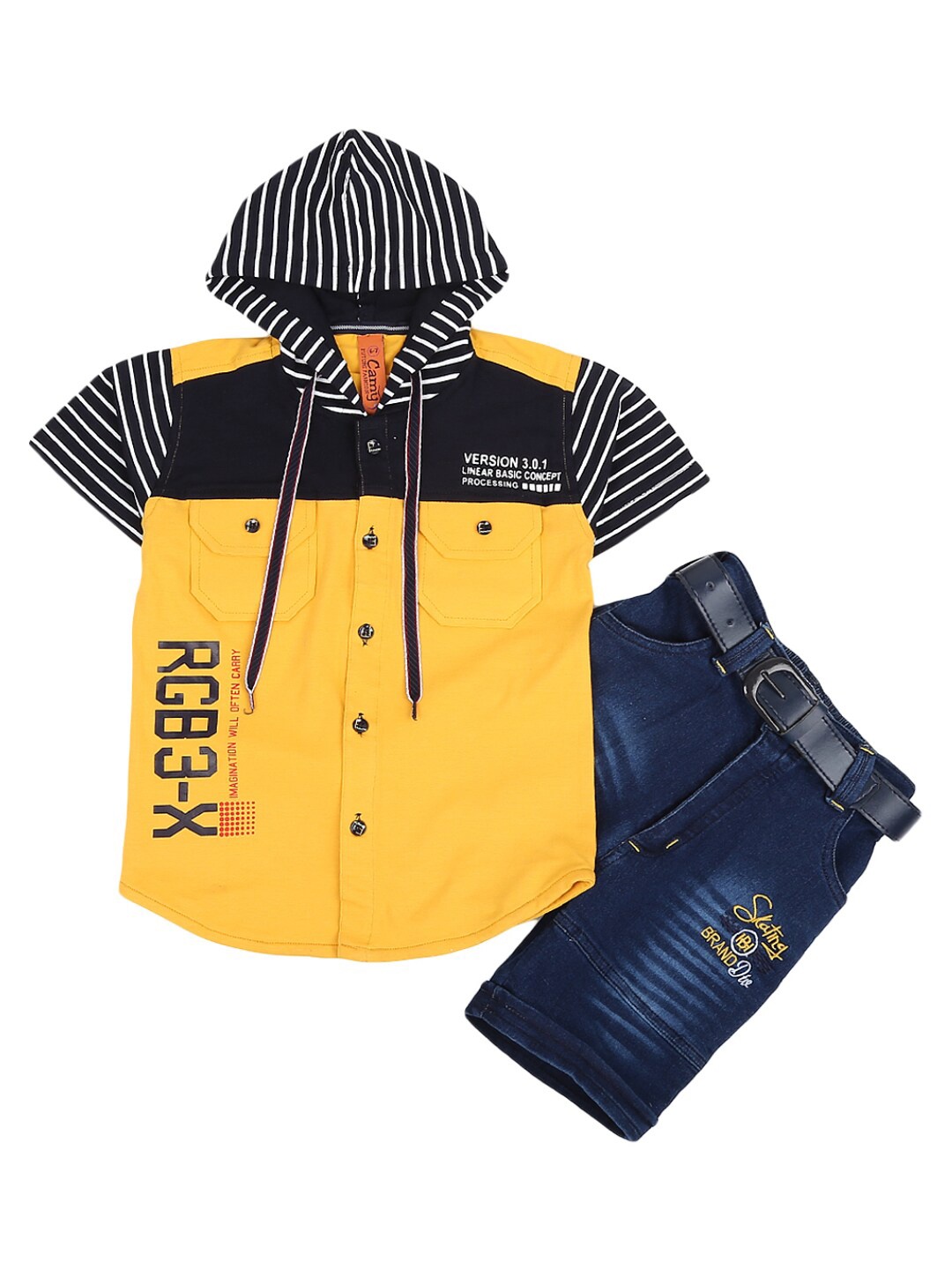 

V-Mart Unisex Kids Mustard & Blue Colourblocked Shirt with Shorts