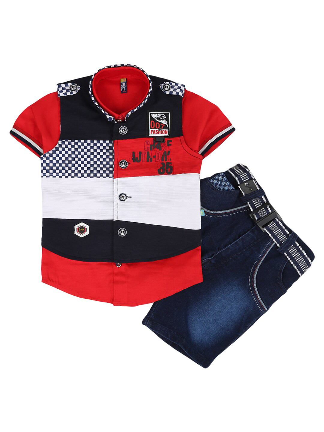 

V-Mart Kids Red & Navy Blue Colourblocked Pure Cotton T-shirt & Shorts With Jacket