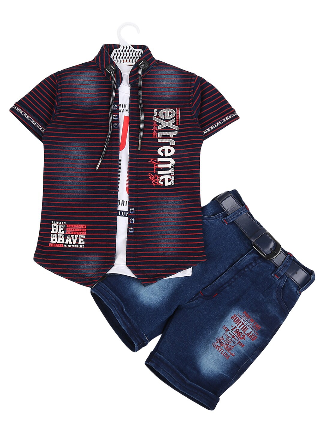 

V-Mart Unisex Kids Navy Blue & Burgundy Printed T-shirt and Shirt with Shorts