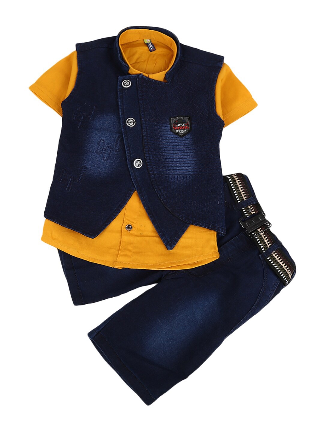 

V-Mart Unisex Kids Yellow & Blue Pure Cotton Shirt with Shorts & Jacket