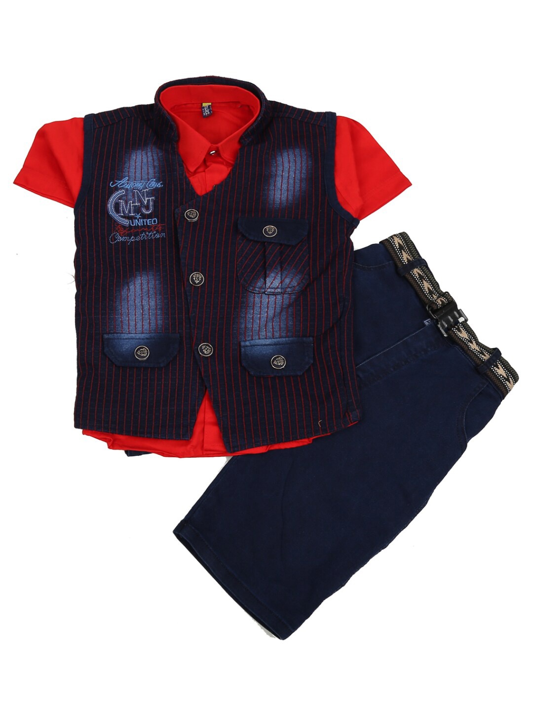 

V-Mart Unisex Kids Red & Navy Blue Shirt with Trousers & Waistcoat