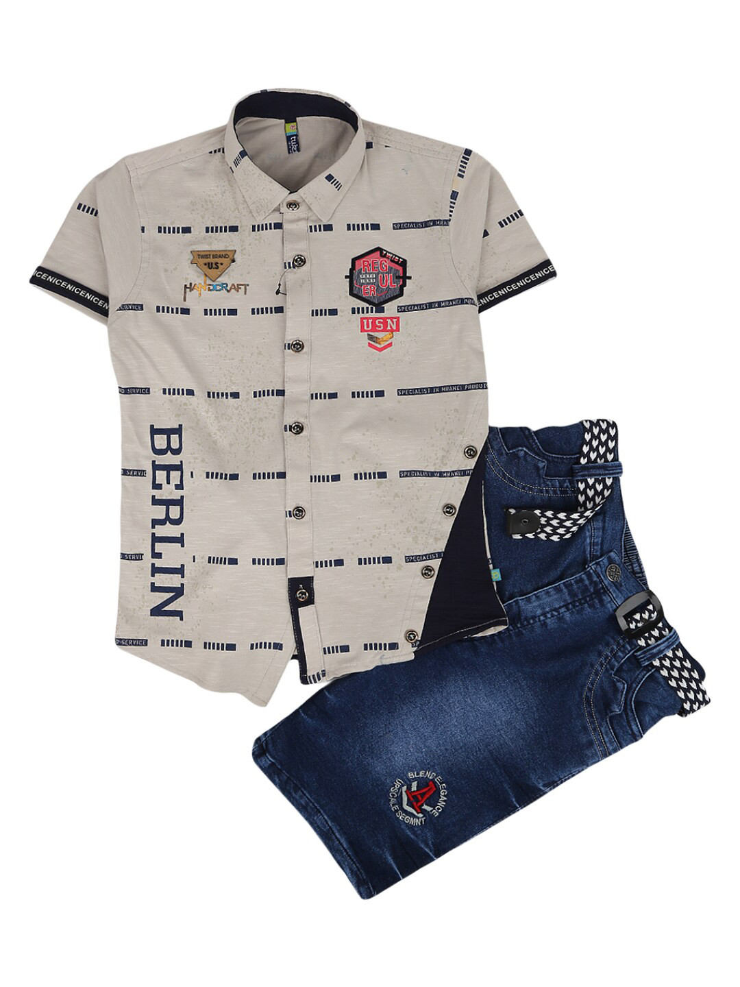 

V-Mart Kids Grey & Navy Blue Printed Pure Cotton Shirt with Trousers