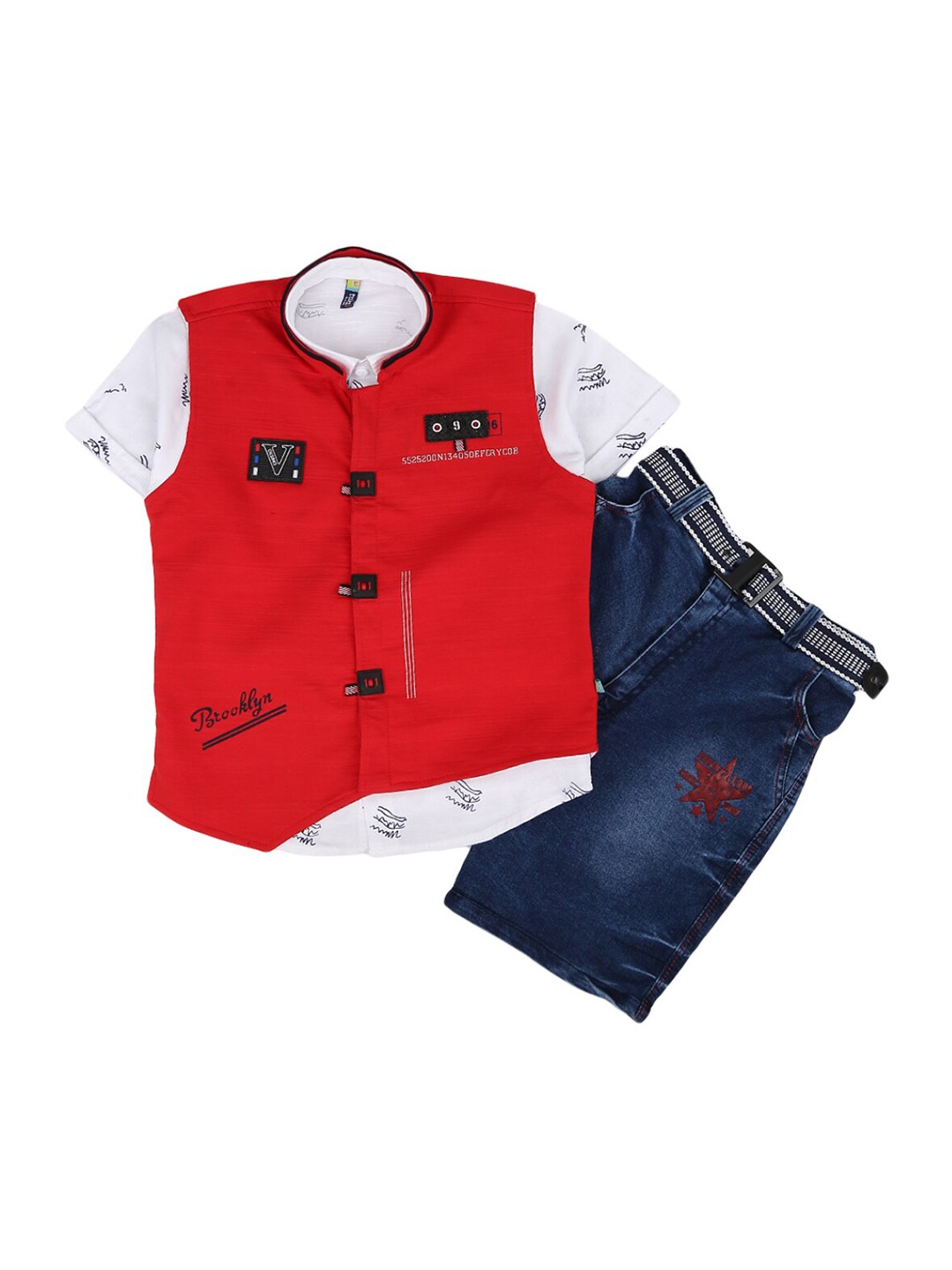 

V-Mart Boys Red & Blue Printed Shirt with Shorts