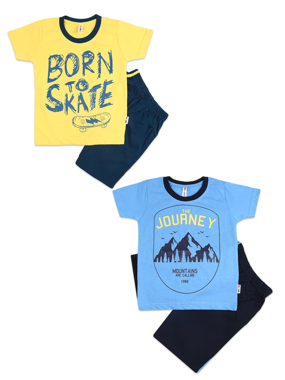 

V-Mart Kids Navy Blue & Yellow Pack Of 2 Printed Cotton T-shirts with Shorts