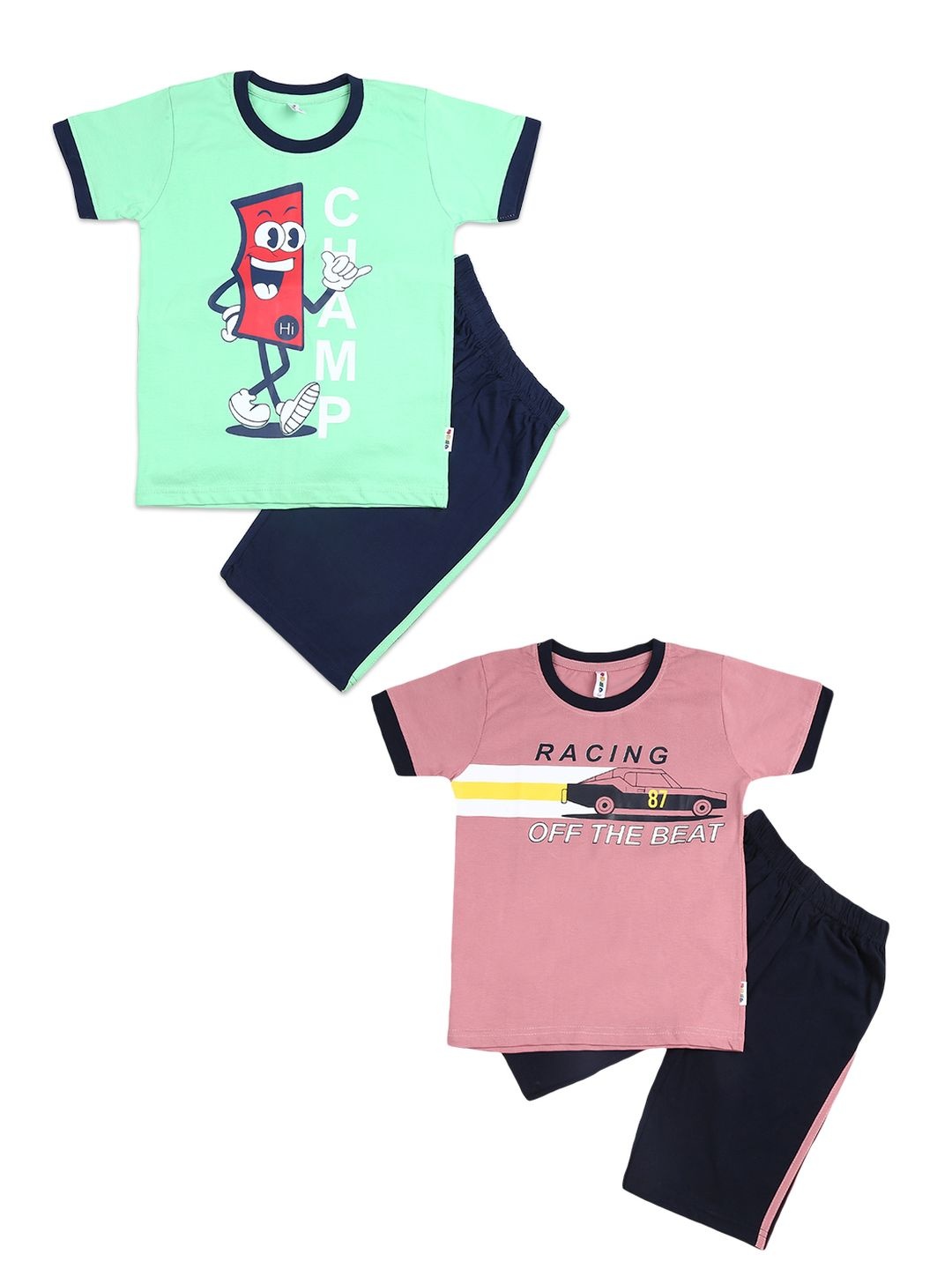 

V-Mart Kids Pack of 2 Printed Pure Cotton T-shirts with Shorts, Green