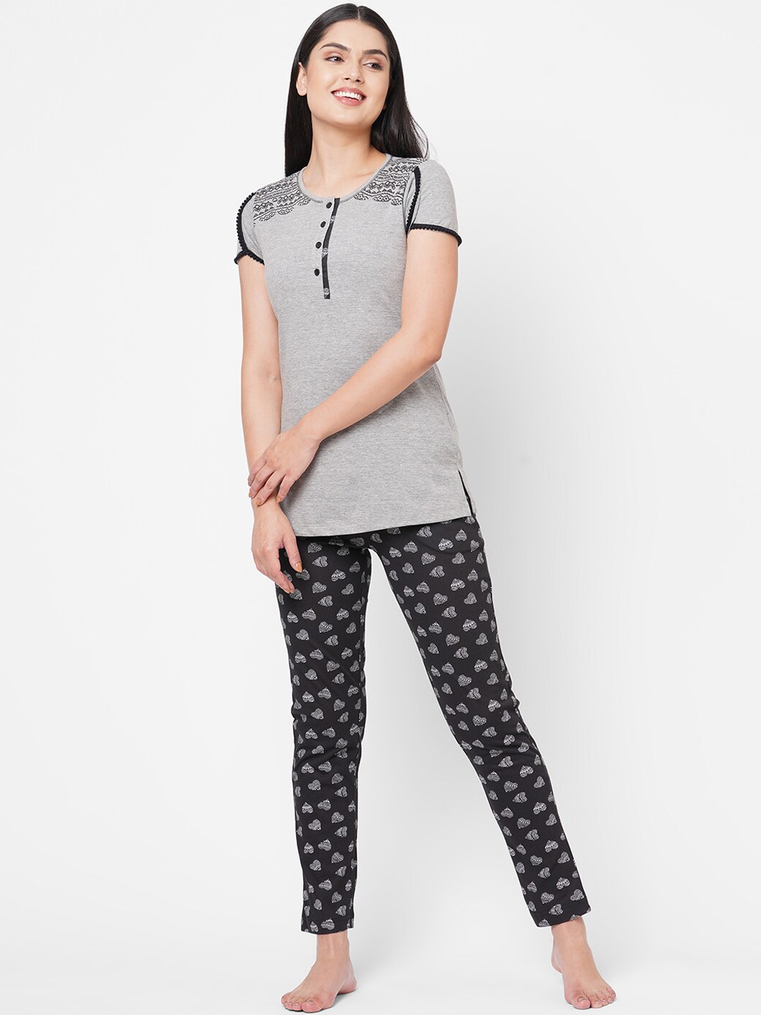 

Sweet Dreams Women Grey & Black Printed Pure Cotton Night suit