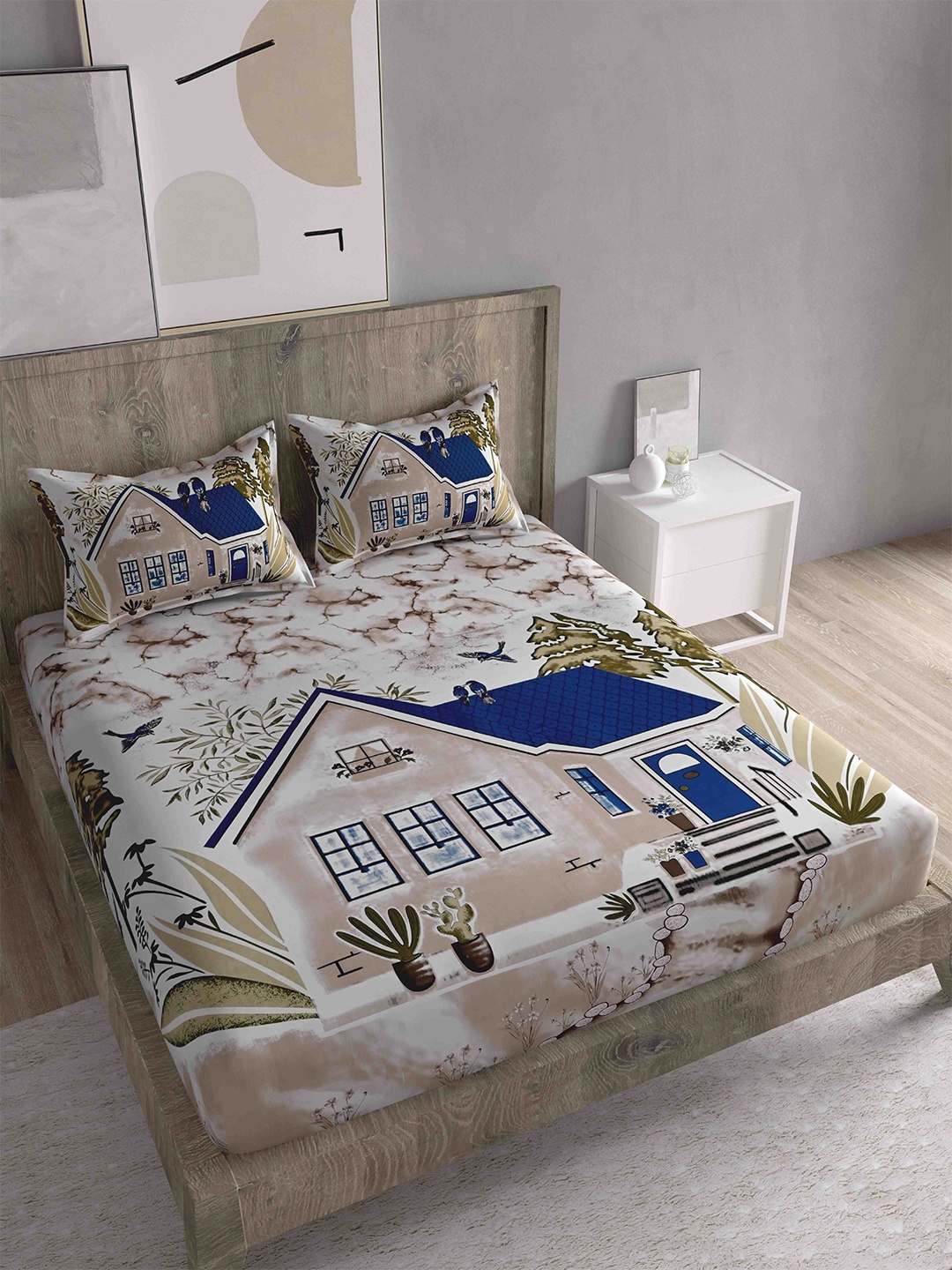 

Spangle Blue & Off White Graphic 260 TC King Bedsheet with 2 Pillow Covers