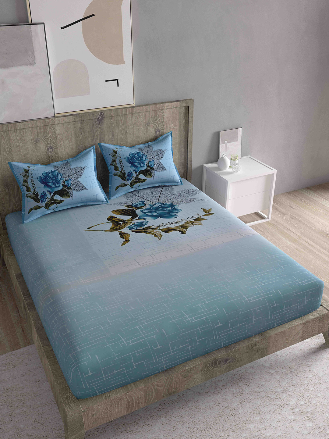 

Spangle Blue & Olive Green Ethnic Motifs 260 TC King Bedsheet with 2 Pillow Covers