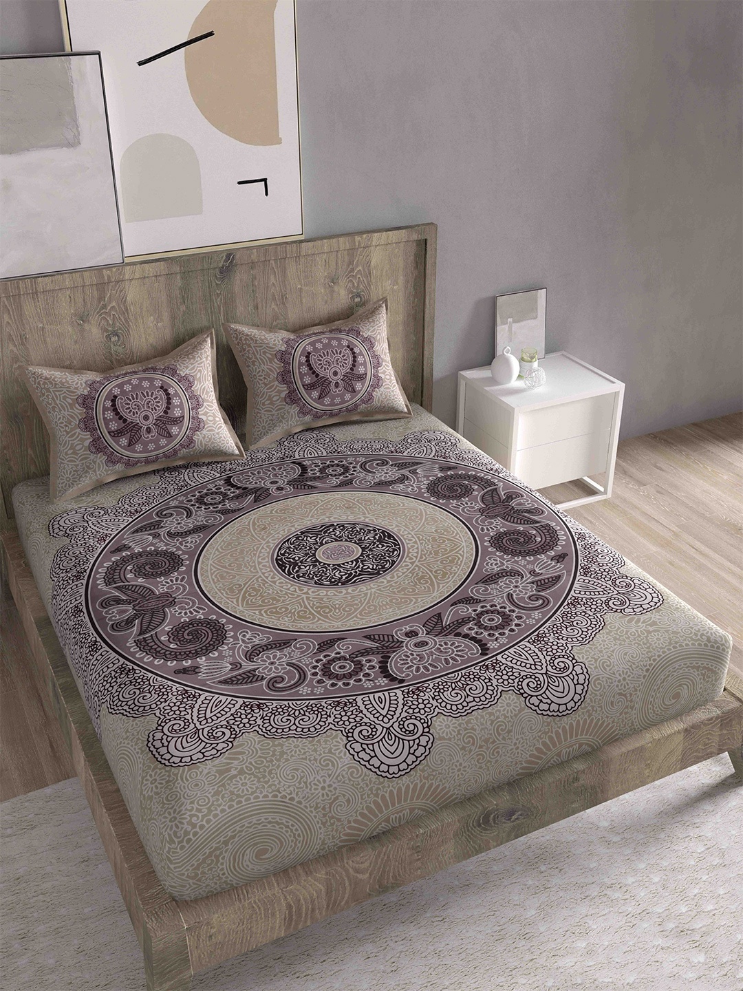 

Spangle Beige & Grey Ethnic Motifs 260 TC King Bedsheet with 2 Pillow Covers