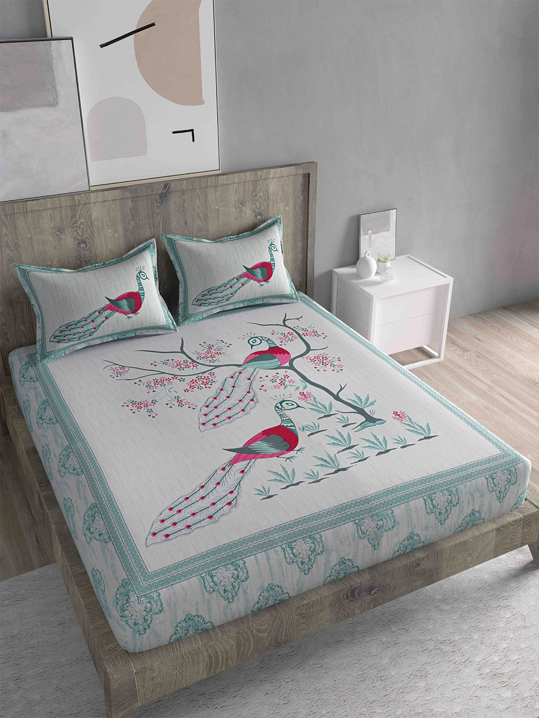 

Spangle Pink & Green 260 TC King Ethnic Motifs Cotton Bedsheet with 2 Pillow Covers