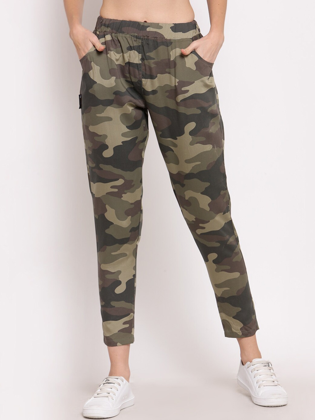

KLOTTHE Women Olive-Green Camouflage Printed Cotton Track Pants