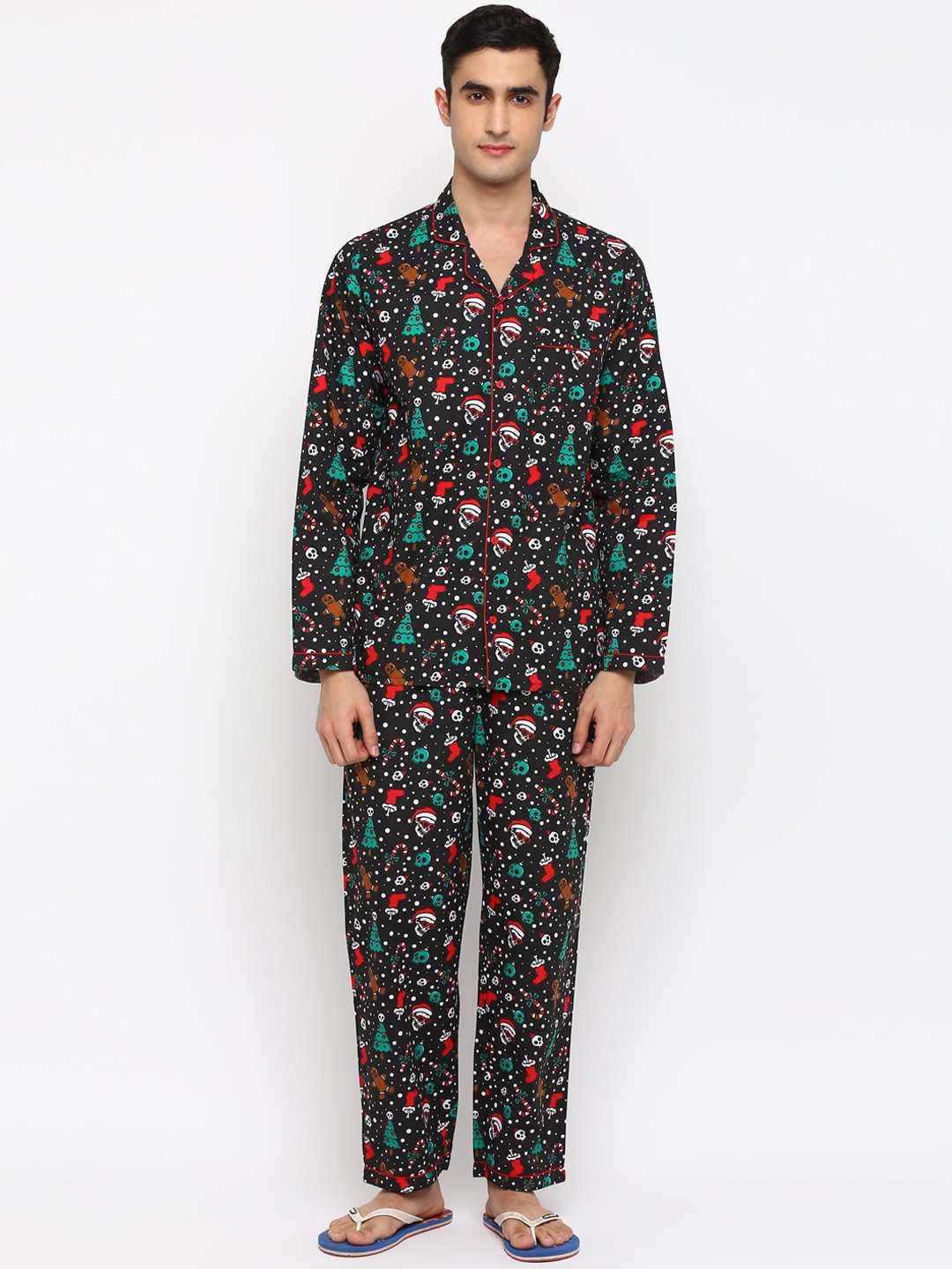 

shopbloom Men Black & Red Printed Pure Cotton Night suit