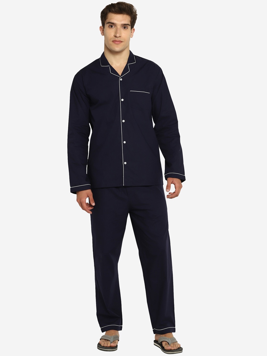 

shopbloom Men Navy Blue Solid Pure Cotton Night suit